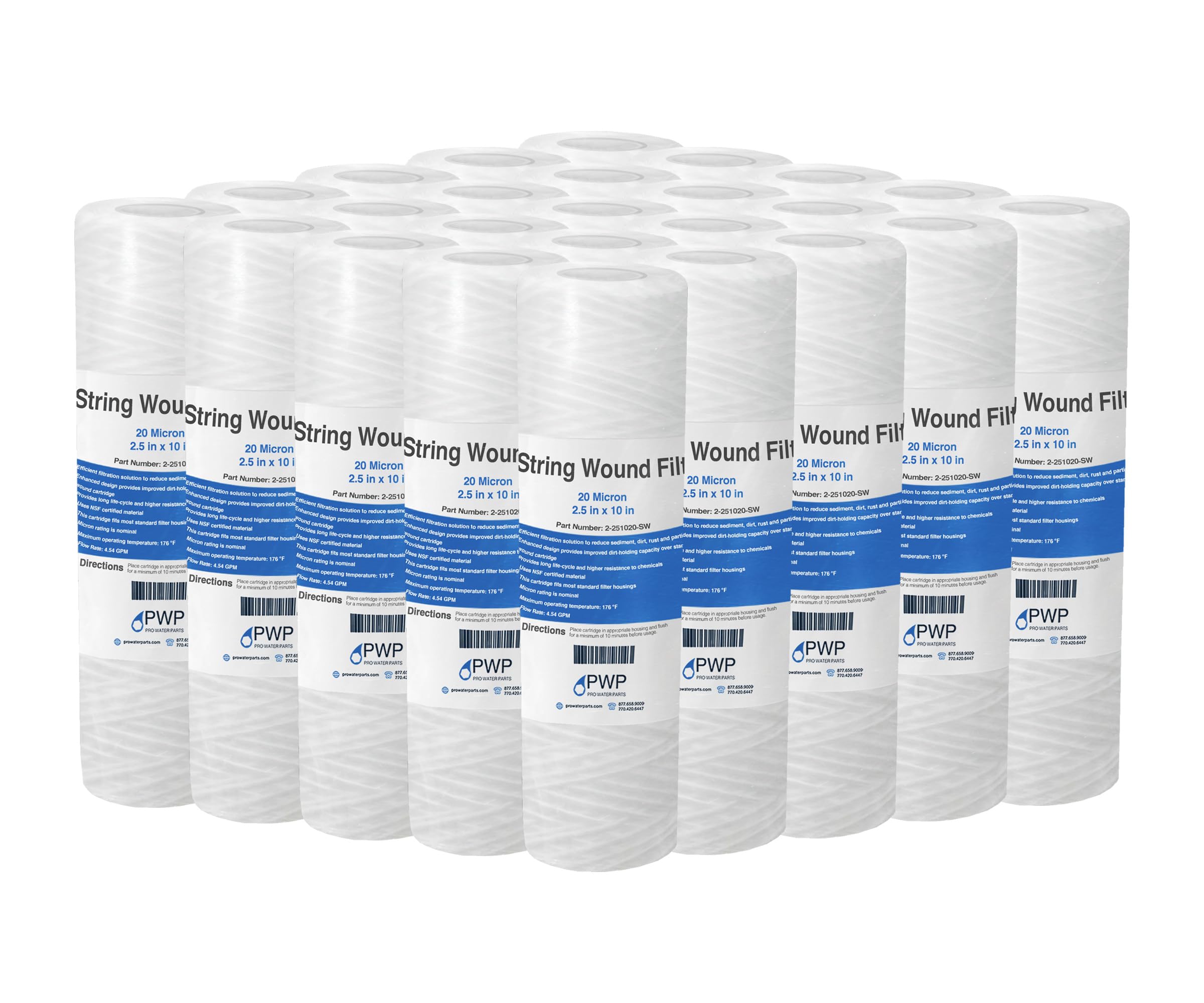 Sediment String Wound Water Filter Cartridge Standard 2.5x10 20 Micron 25 Pack