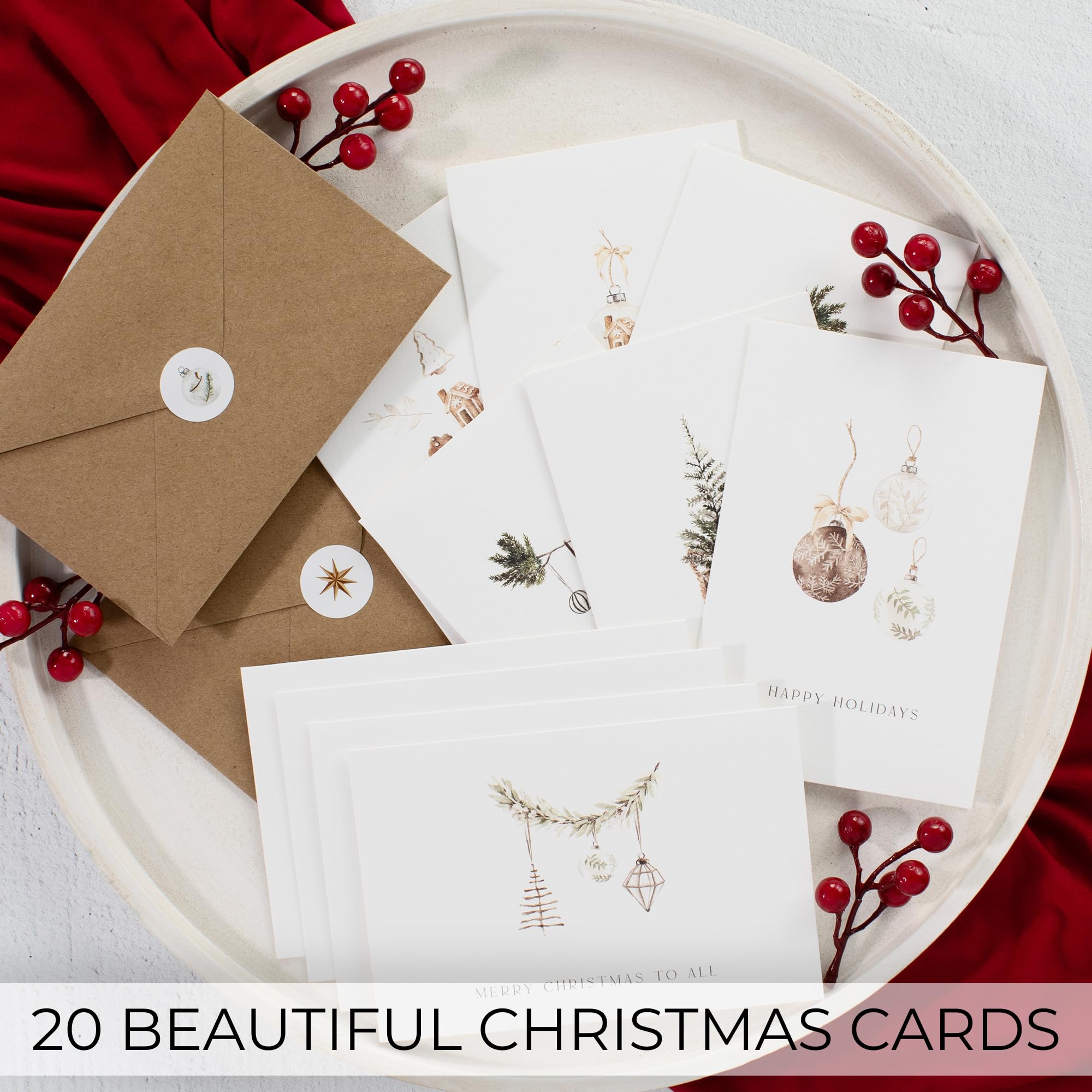 ZICOTO Beautiful Modern Rustic Christmas Cards Set of 20 - Incl. Bulk Envelopes, Matching Stickers And Storage Box - Perfect to Send Warm Holiday Wishes to Friends and Family