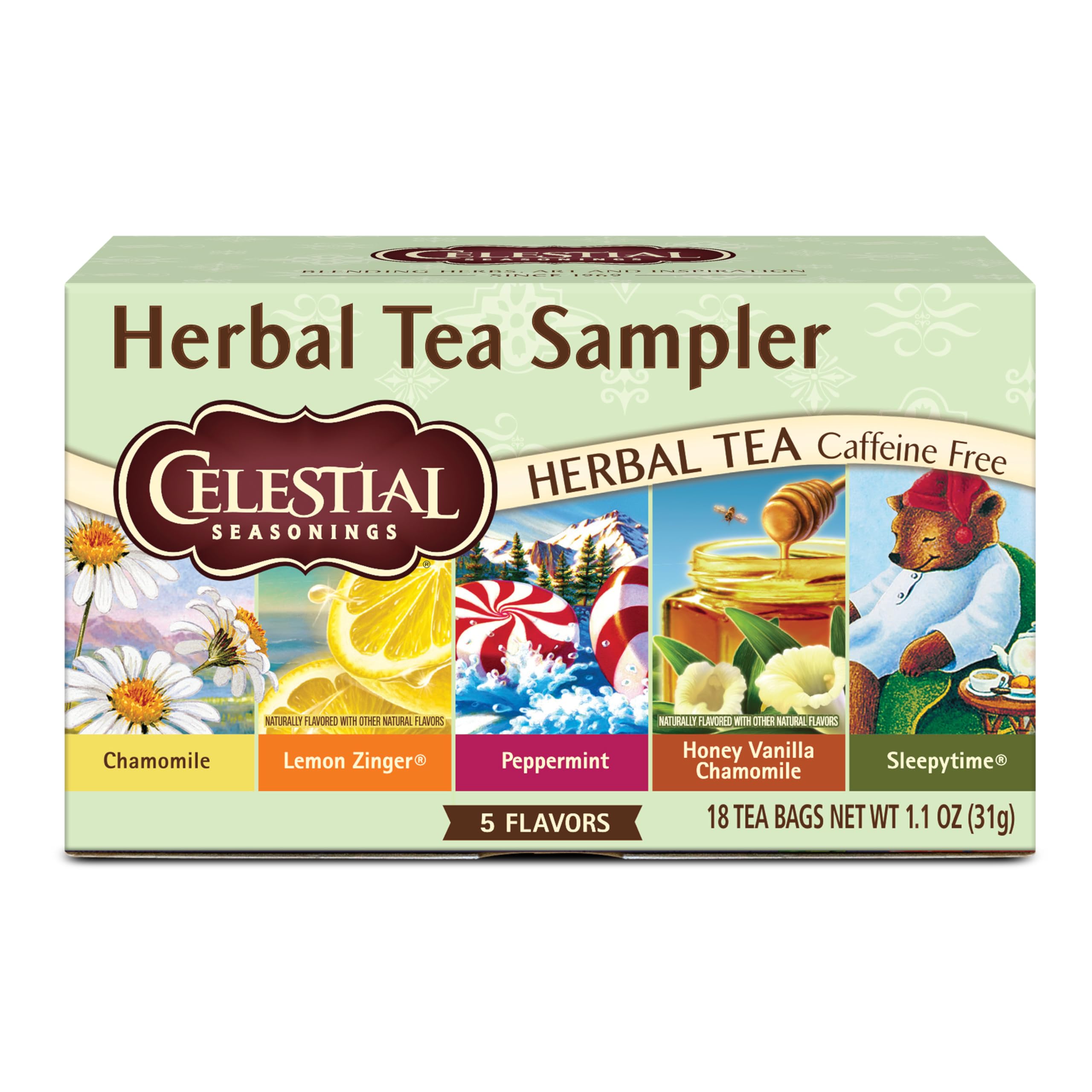 Celestial Seasonings Herbal Tea Sampler Variety Pack, Caffeine Free, 18 Tea Bags Box