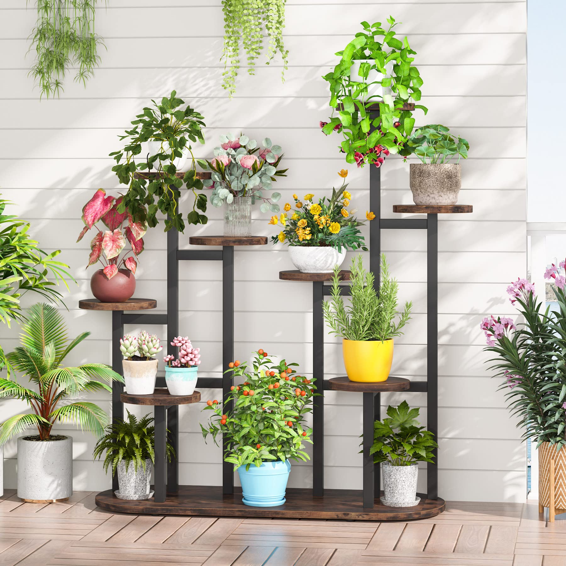 LITTLE TREE Multi-Tiered 11 Potted Plant Stand Indoor Tall Plant Shelf Flower Stands Plant Rack for Garden Balcony Living Room, Rustic Brown