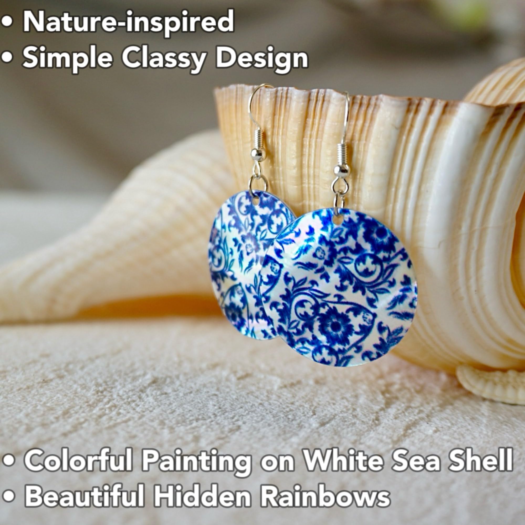 Natural Sea Shell Earrings, Colorful Painted Flower, White Mother of Pearl Round Disc Earrings, Beach Jewelry, Drop Dangle Floral Earrings Women Girl Gift (White Blue Floral)