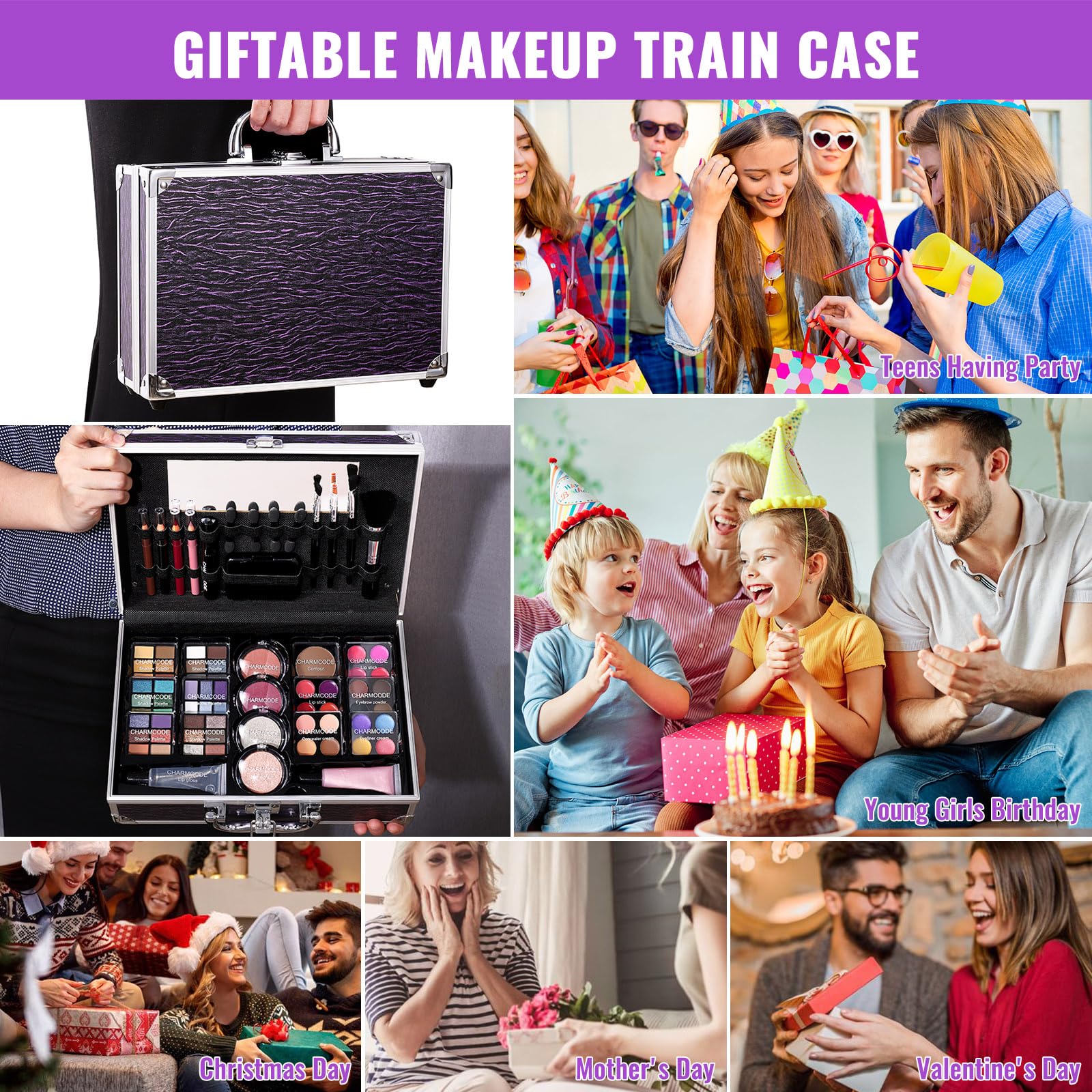 Makeup Kit for Teen Girls & Women Full Kit, Beauty Train Case with Starter Cosmetic Set, Make Up Valentine's Day Gift Box with Eyeshadow,Lipgloss,Highlighter,Blush,Lip&Eye Pencils,Brush & More(Purple)