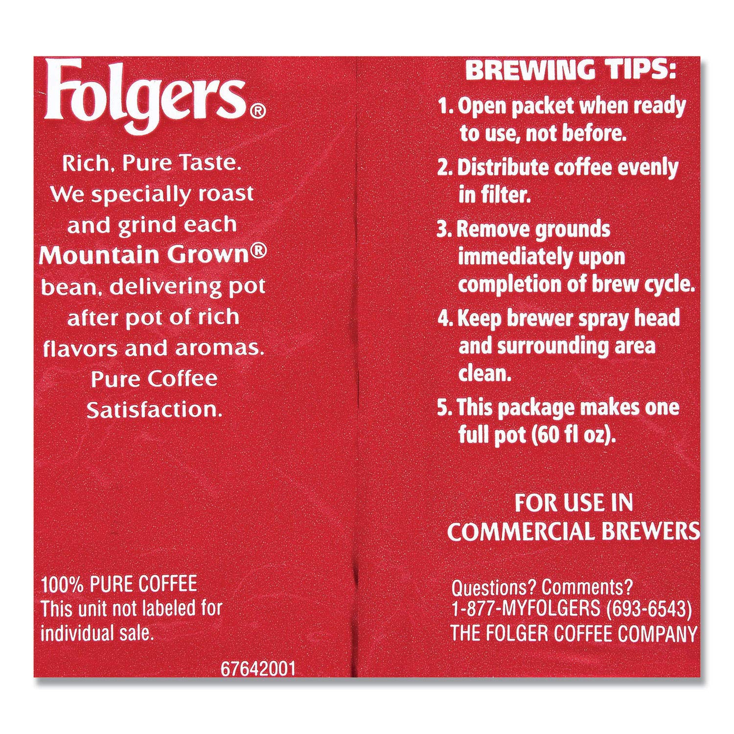 Folgers 06430 Coffee, Fraction Pack, Classic Roast, 1.5oz, 42/Carton