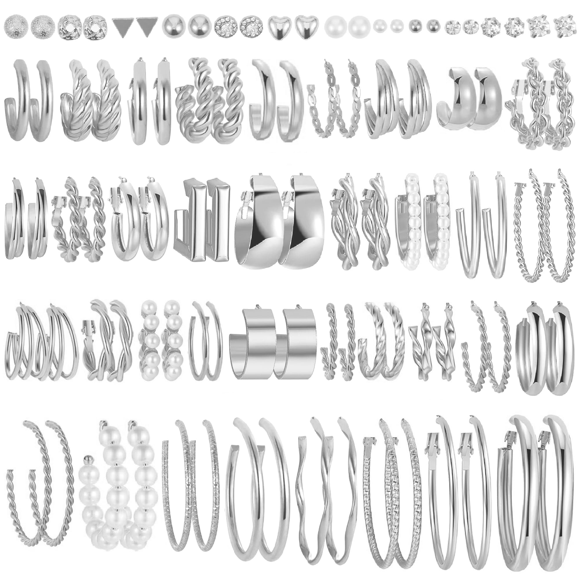 48 Pairs Silver Earrings Set for Women, Chunky Silver Hoop Earrings Multipack Twisted Statement Pearl Earring Pack, Trendy Hypoallergenic Small Big Hoops Earrings for Birthday Party Jewelry Gifts