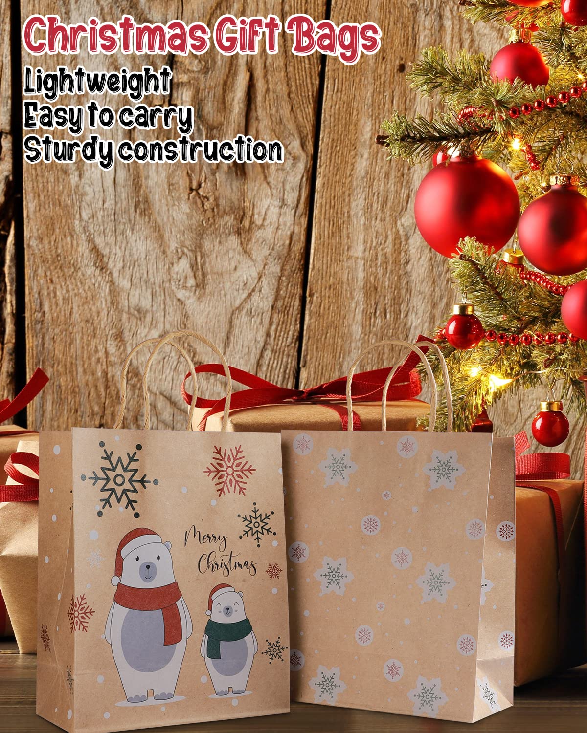Mjokoj 24 Pack Christmas Gift Bags, 6 Designs Christmas Kraft Paper Bags, 8.85x7.08x3.5 Inches with Handles Xmas Gift Bags, Suitable for Holiday Kraft Paper Gift Bags, Reusable Christmas Gift Bags