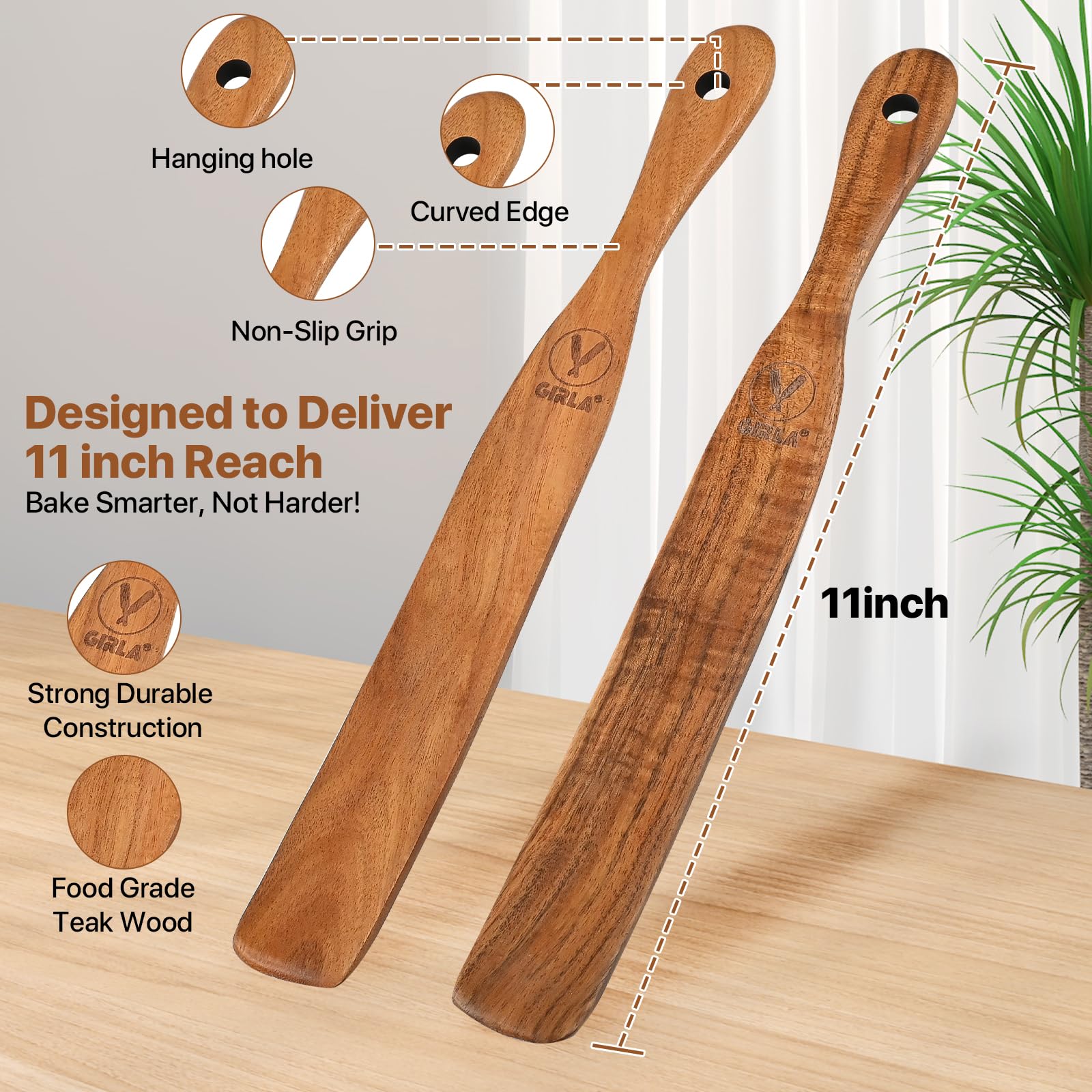 【2 PCS 11 inch】Skinny Spurtle for Sourdough Starter, Sour Dough Stirring Stick, Scraping Spatula, Premium Hardwood Non-Stick Cookware Tool for Mixing, Jar Scraping, Baking, Wooden Sourdough Stirrer.