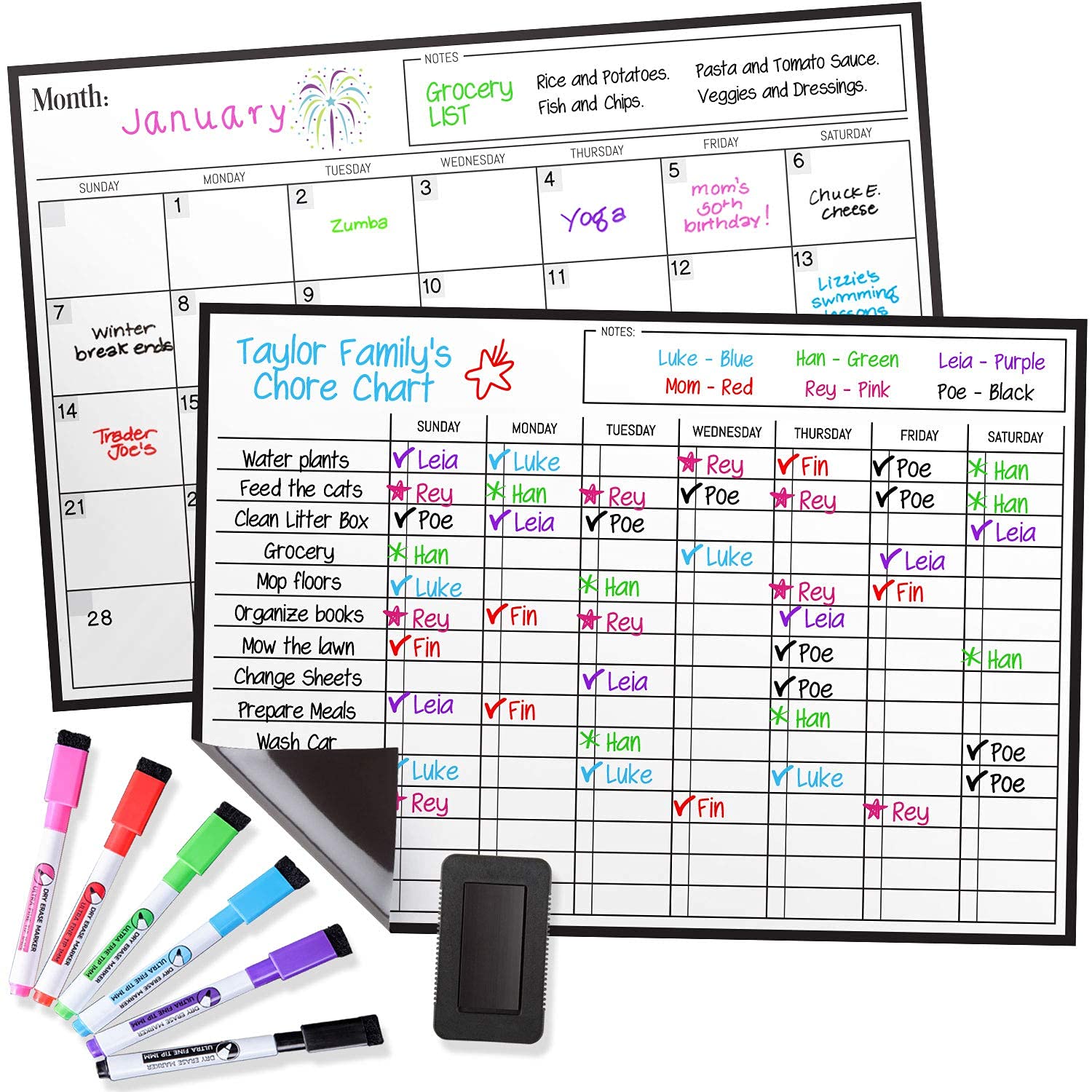 Cinch Magnetic Dry Erase Calendar & Chores Chart for Kids Bundle for Fridge: 2 Boards Included 17"x12", 6 Fine Tip Markers & Large Eraser w/Magnets, Chore Chart Magnetic Board for Kids and Adults