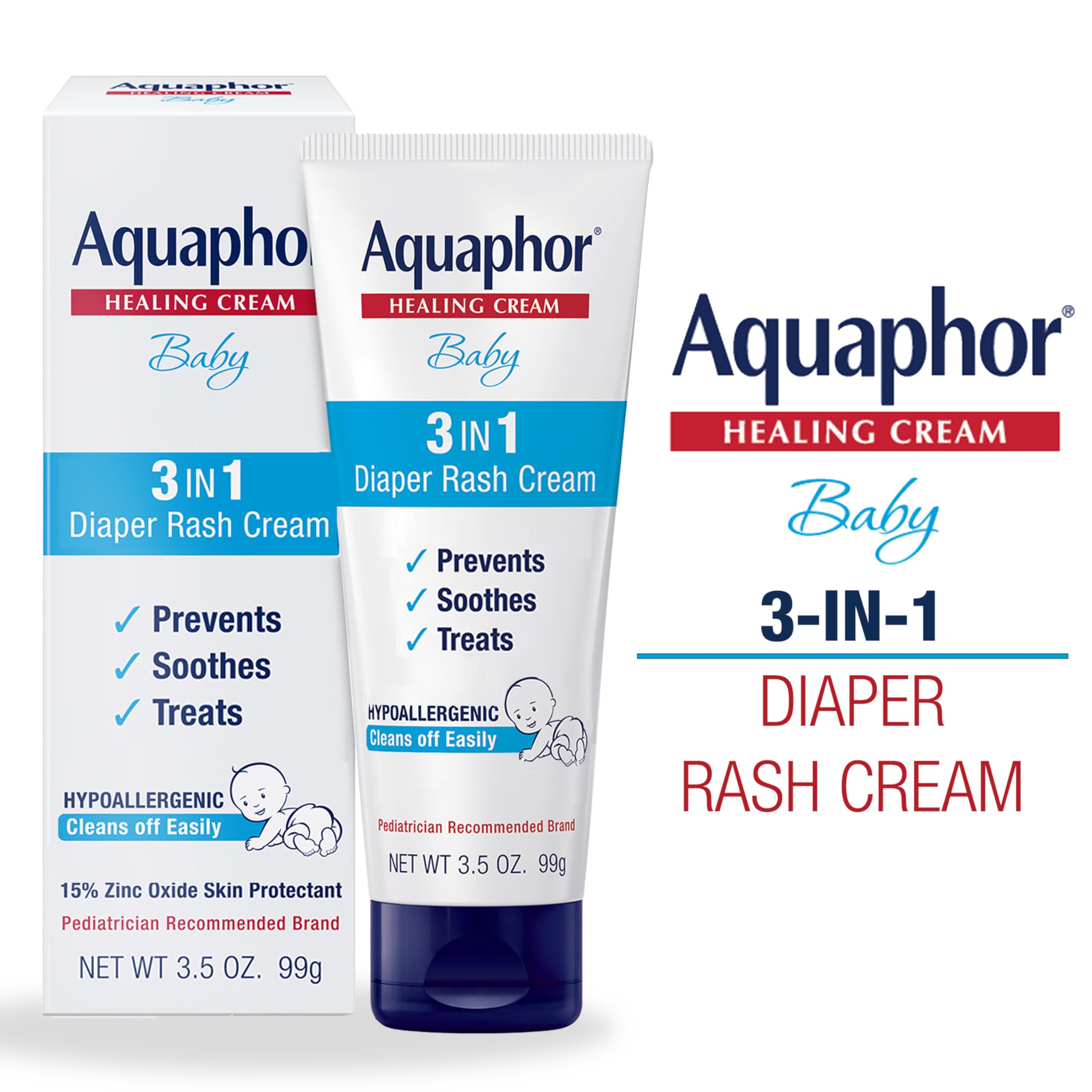 Aquaphor Baby 3 in 1 Diaper Rash Cream - Prevents, Soothes and Treats Diaper Rash - 3.5 oz. Tube (Pack of 3)