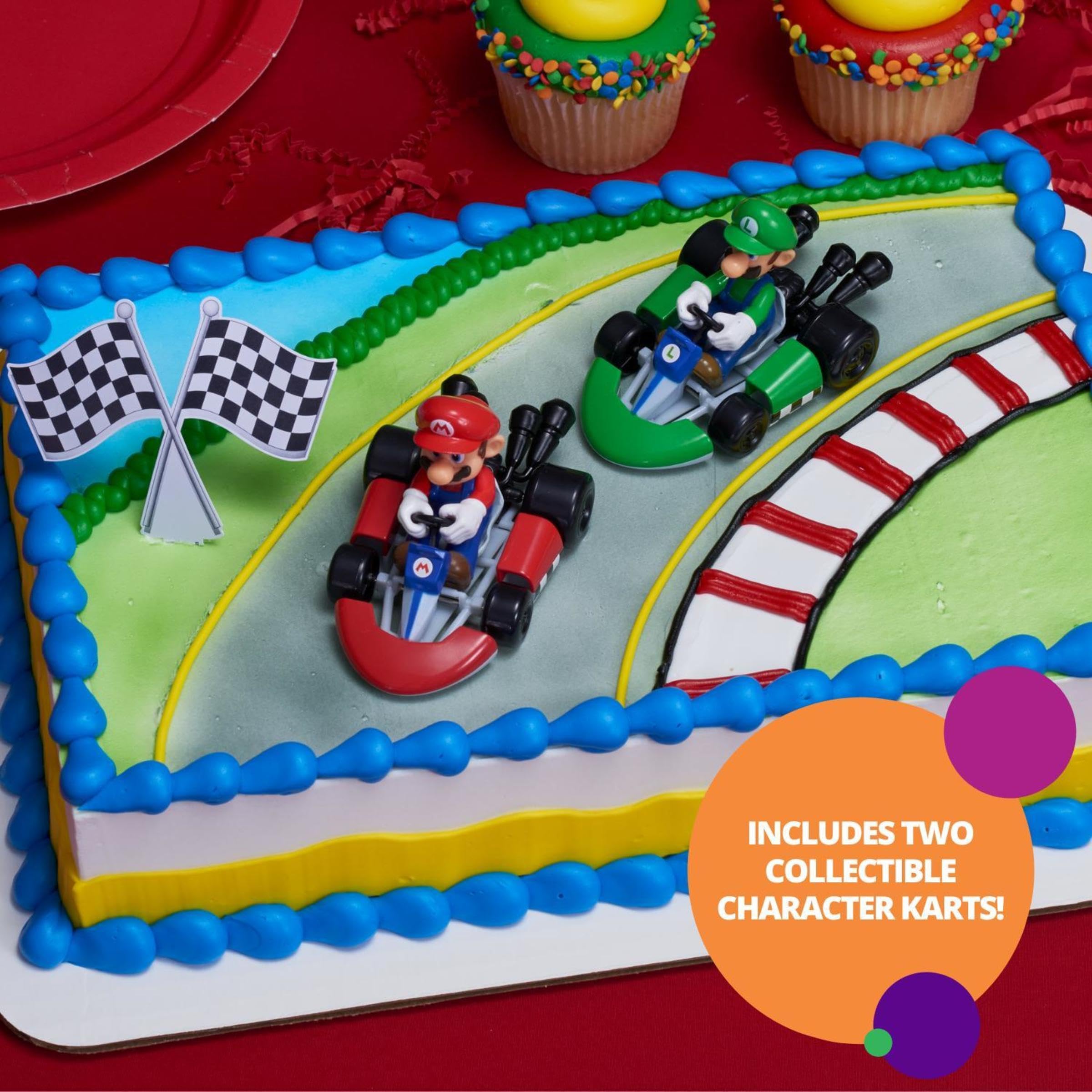 DecoSet® Mario Kart™ Cake Topper, 3 Piece Cake Decoration with Race Kart Toppers & Checkered Flag Decoration, Collectible Character Karts for Hours of Fun After the Party
