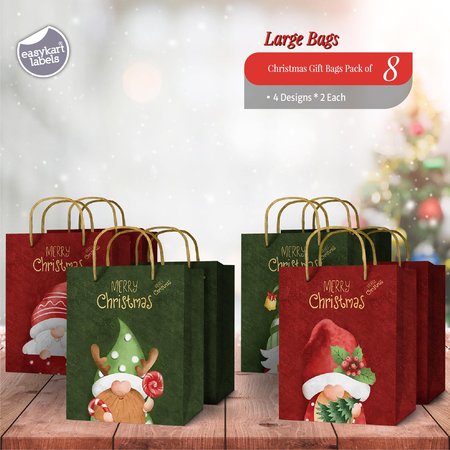 easykart labels 8 Pack 12" Large Christmas Gift Bags, Gold Foiled & Laminated Holiday Gnome Gift Bags,(4 Designs - 2 PCs Each) for Gift Wrapping Christmas Party Decorations