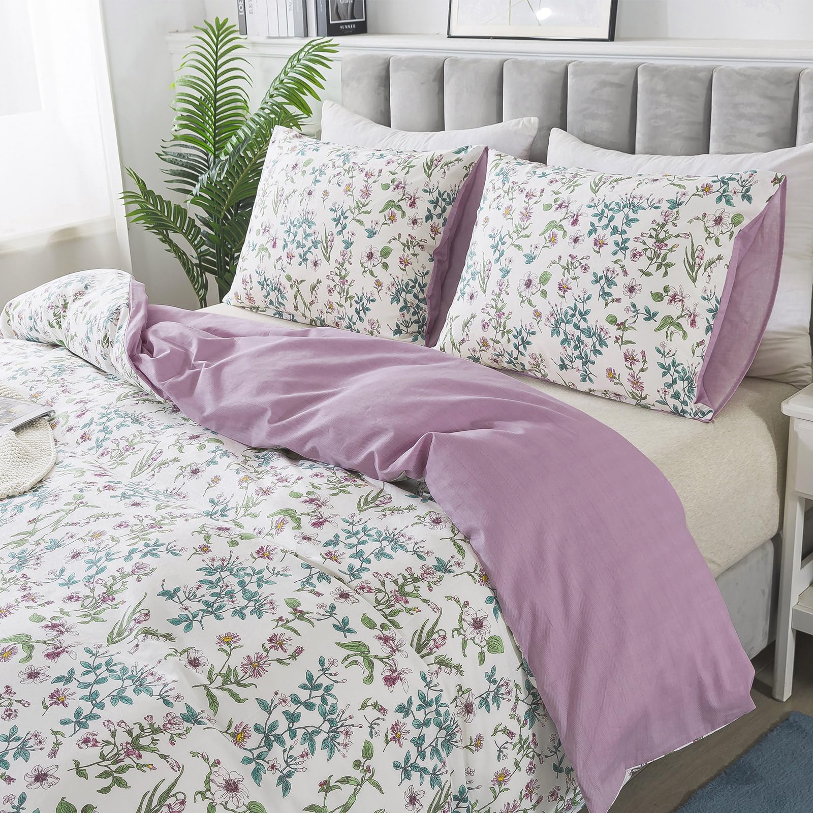 HoneiLife Cotton Duvet Cover Queen - Floral Comforter Cover 3-PC, Soft & Breathable Flower Bedding Duvet Cover Sets with Zipper Closure & Corner Ties, Wildflower Comforter Cover Sets, Blooms