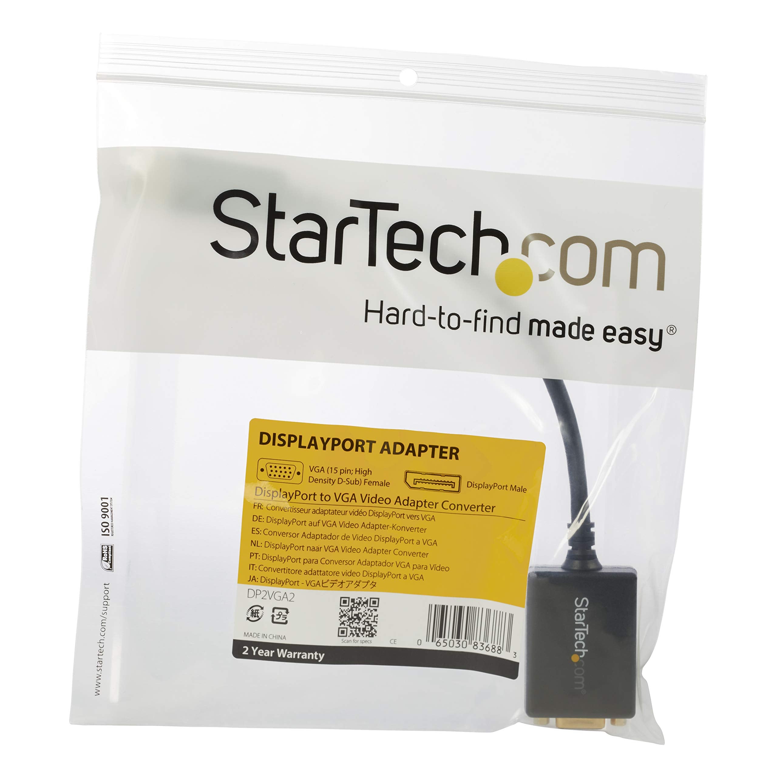 StarTech.com DisplayPort to VGA Adapter - Active DP to VGA Converter - 1080p Video - DisplayPort Certified - DP/DP++ Source to VGA Monitor Cable Adapter Dongle - Latching DP Connector (DP2VGA2)