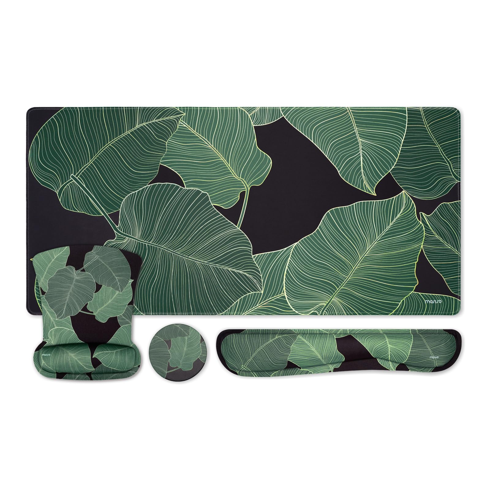 MOSISO Keyboard Mouse Pad Set,Large Gaming Mouse Pad&Keyboard Wrist Rest&Mouse Wrist Rest&Coaster,Ergonomic Non-Slip Leaf Mousepad with Raised Memory Foam for Home Office, Tropical Palm Leaves