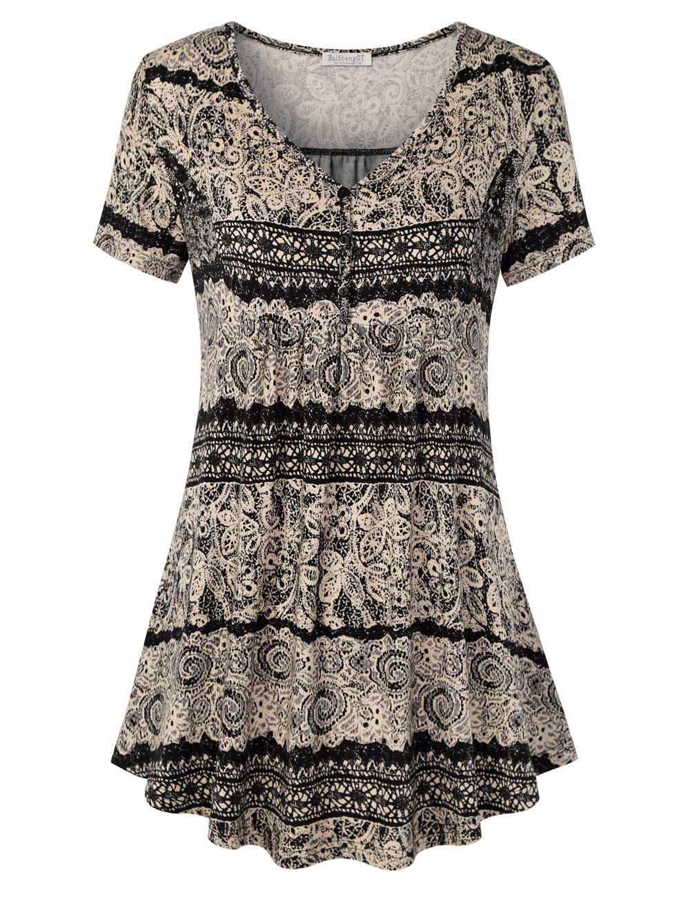 BAISHENGGT Women's Summer Short Sleeve Tops Bavarian Collar Pleated Button Henley Shirt Flared Tunic Shirts Black - Tribal L