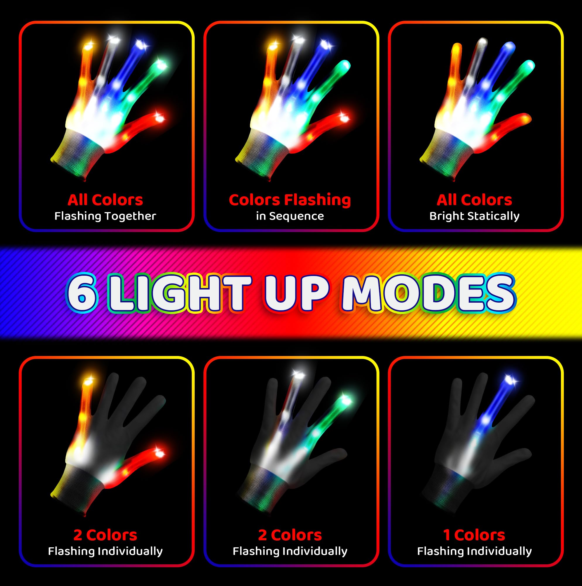 2 Pair LED Gloves Light Up Gloves for Kids with 6 Flash Modes, Gifts for 3 4 5 6 7 8 9 10 11 12 Year Old Boys Girls for Birthdays Party Halloween Christmas Toys for 3-12 Year Old Boys Girls S