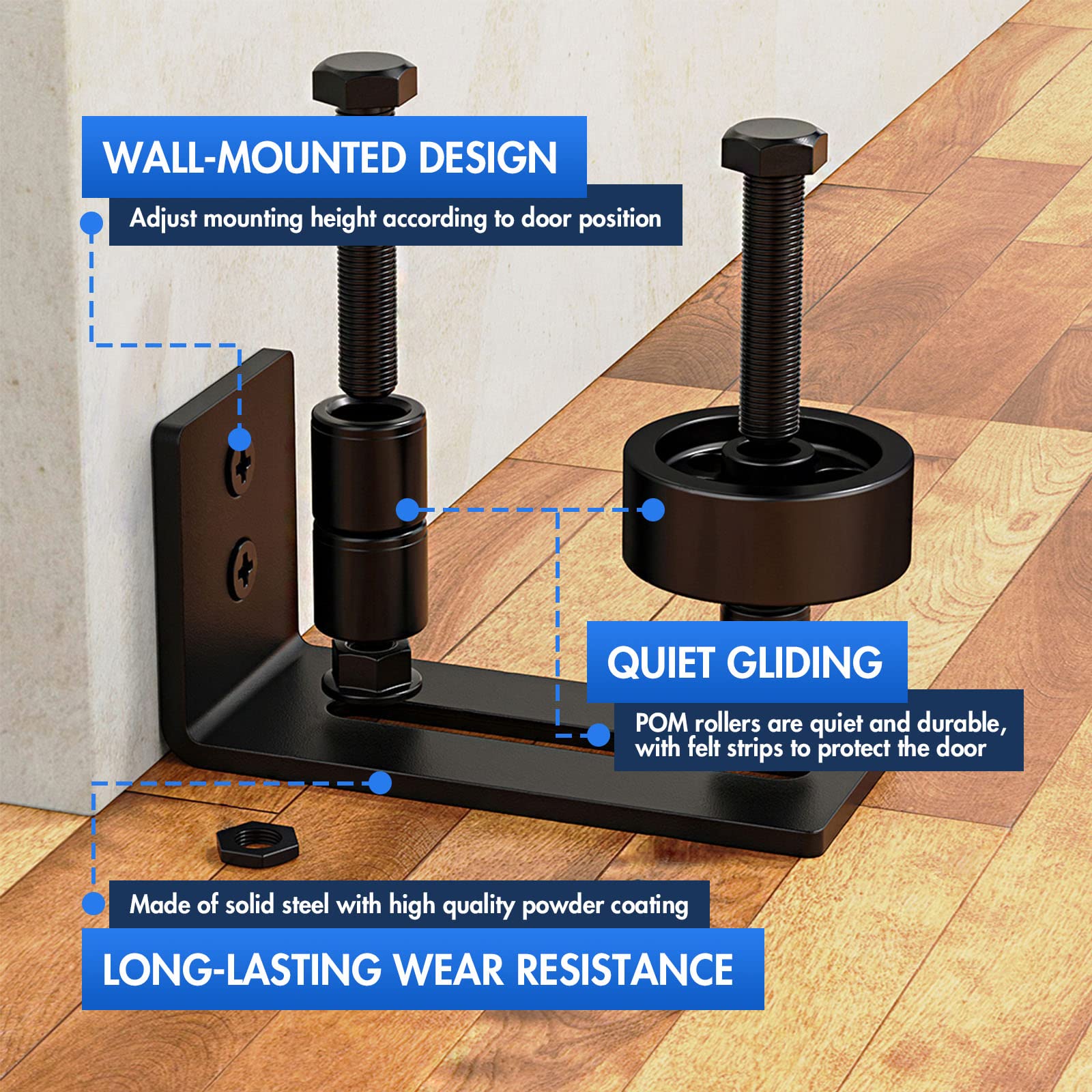 Lvyesea 2 Pack Barn Door Floor Guide, Sliding Barn Door Bottom Guide, Adjustable Floor Guide Roller, Flush Bottom, Quiet, Black, Steel Frame, Easy to Install