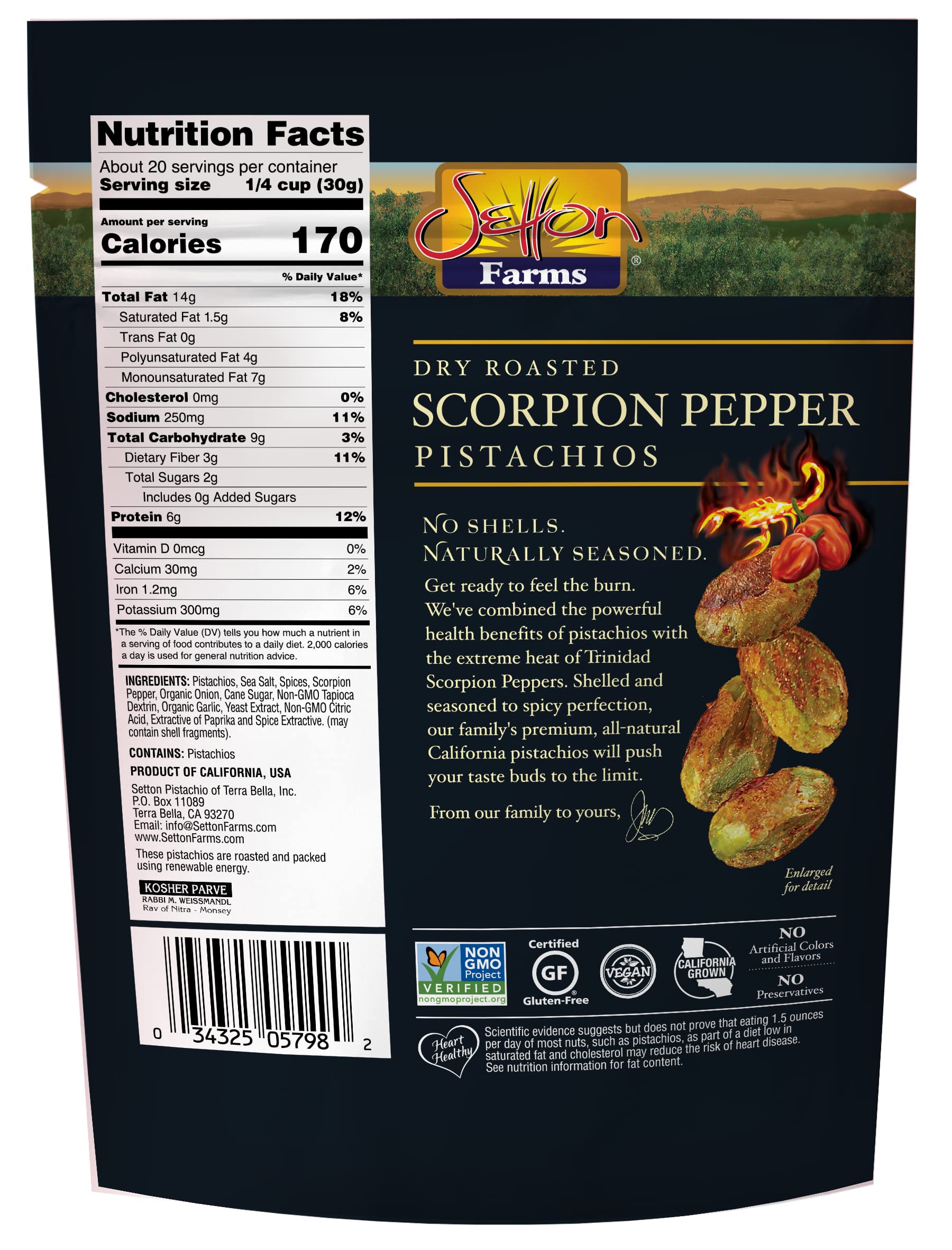 Setton Farms Pistachios, Scorpion Pepper Extreme Flavor Pistachios Value Bag, Naturally Seasoned, Dry Roasted No Shell Pistachios, Non-GMO Project Verified, Gluten Free, Vegan, Kosher, 20 Oz