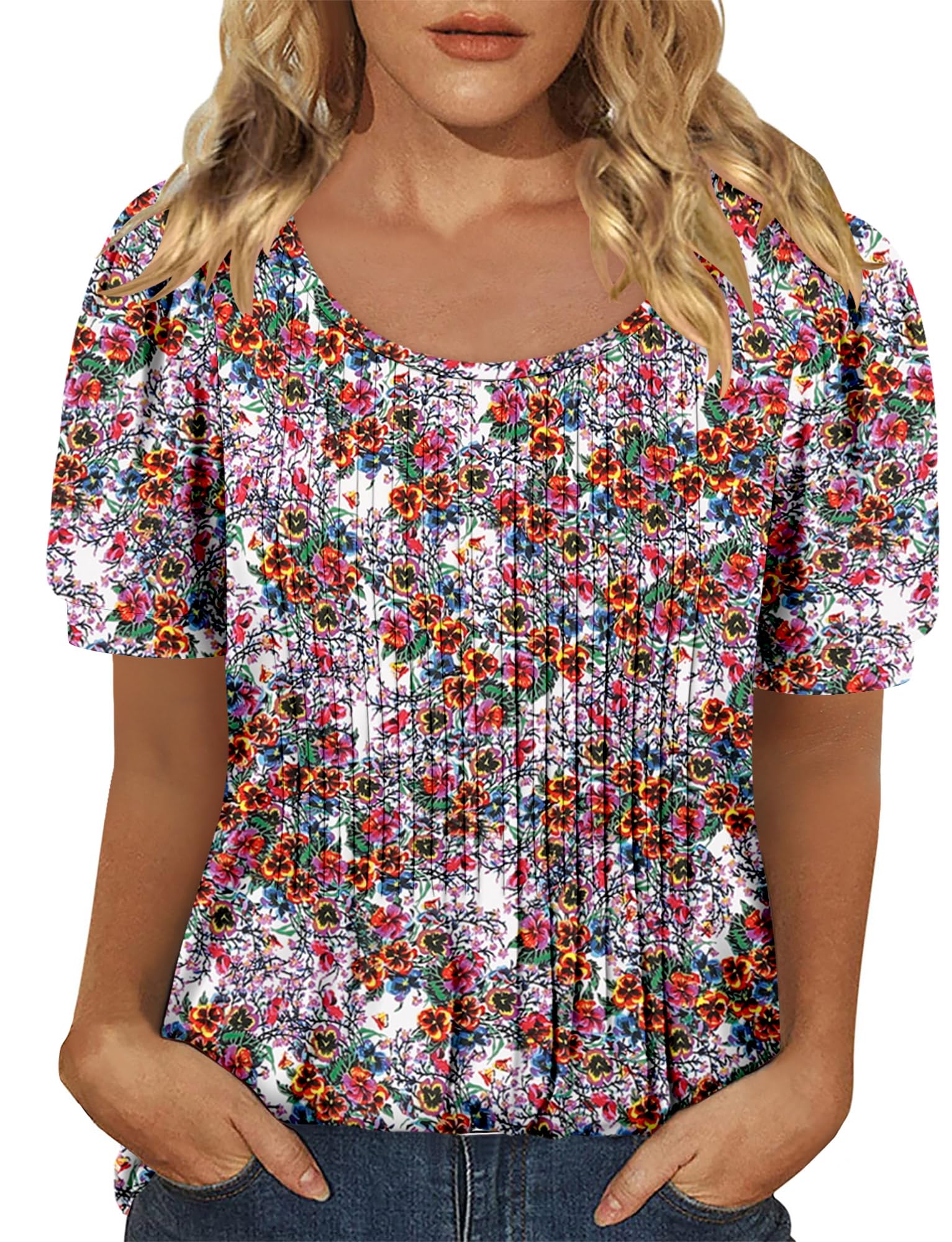 BETTE BOUTIK womens short sleeve tunic tops floral summer crewneck puff sleeve blouses for women Passionflower Medium