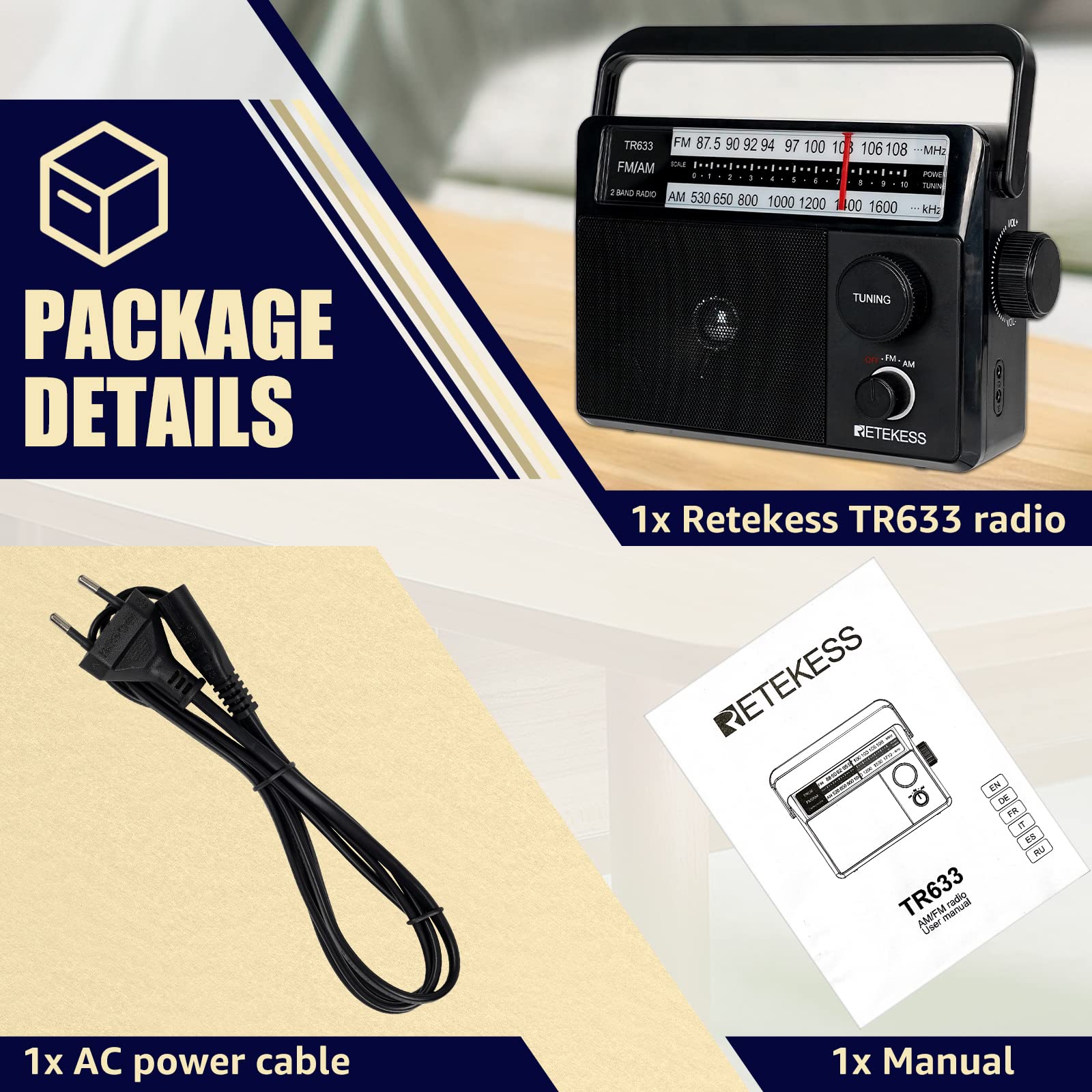 Retekess TR633 AM FM Radios with Best Reception, Portable Radio Plug in Wall, External Antenna Jack, Battery Operated Radio by 4 AA Batteries Or AC Power for Senior, Home