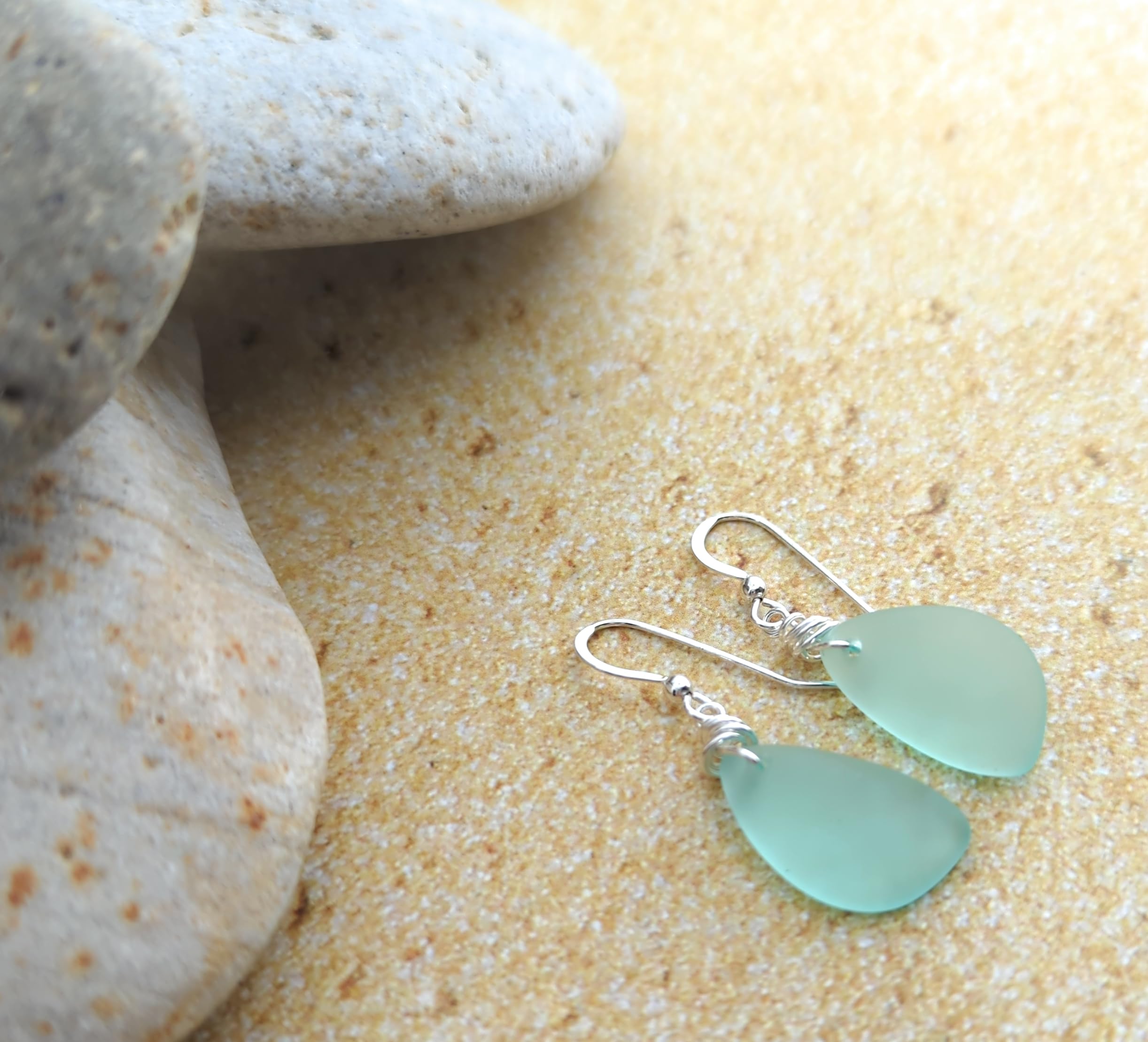 Popular Sea Foam Green Sea Glass Earrings with Charming Handmade Silver Knot on Sterling Silver Hooks, Perfect Gift, by Aimee Tresor Jewelry