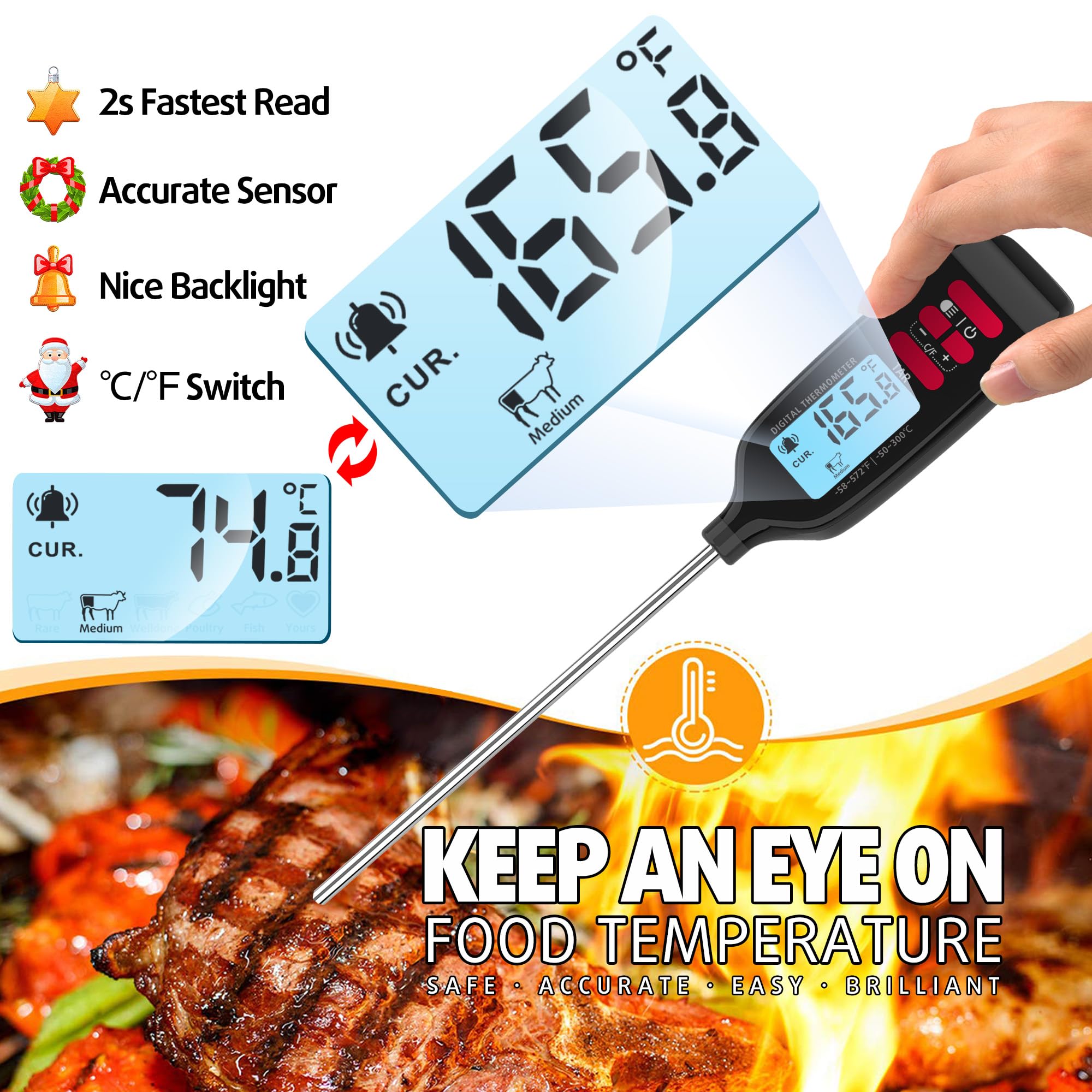 Antonki Meat Thermometer with Long Food Temperature Probe, Digital Instant Read Food Thermometer for Cooking, Chef Kitchen Thermometer with Backlight for Bake, Candy, Grill, BBQ, Oil