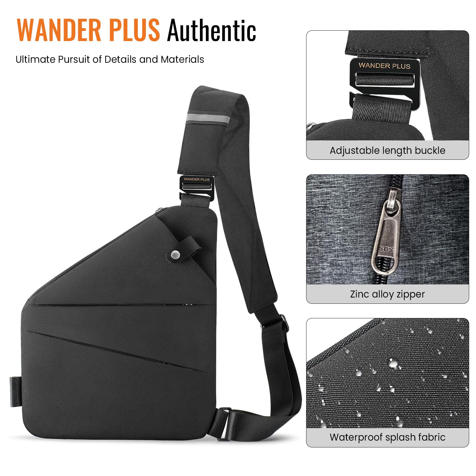 WANDER PLUS Anti Theft Crossbody Bag, Sling Chest Bags for Women Men, Shoulder Bag Anti-theft Design for Travel, Sport, Work (Black)