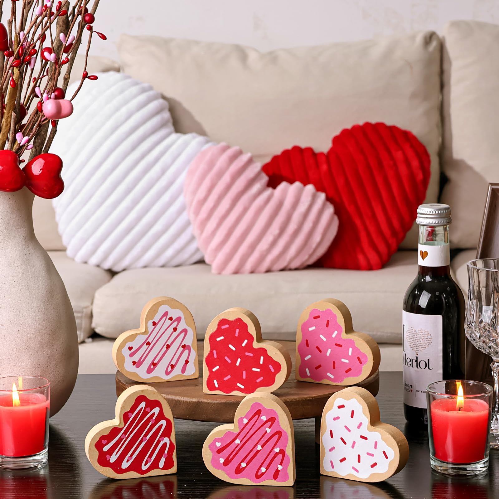 Valentines Day Decorations: Sweet Candy Heart Wooden Table Decor Sign 6pcs, Valentines Day Decor Cookies Tiered Tray Decor, Classic Valentines Decorations for the Home Table Decor Valentines Day Gifts