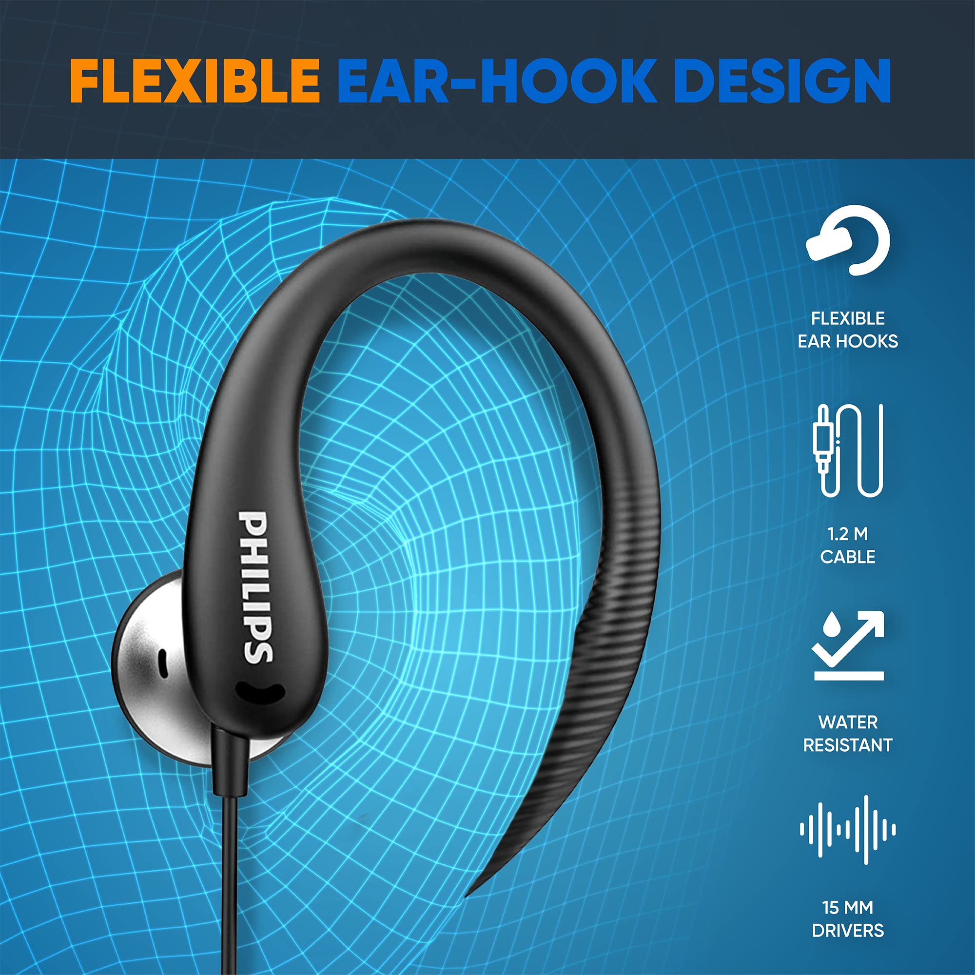 PHILIPS Over The Ear Earbuds, Flexible Wrap Around Earbuds, Around Ear Headphones with Mic Behind The Ear Headphones, Perfect for Sports, Running, Exercise, Gym (Black)