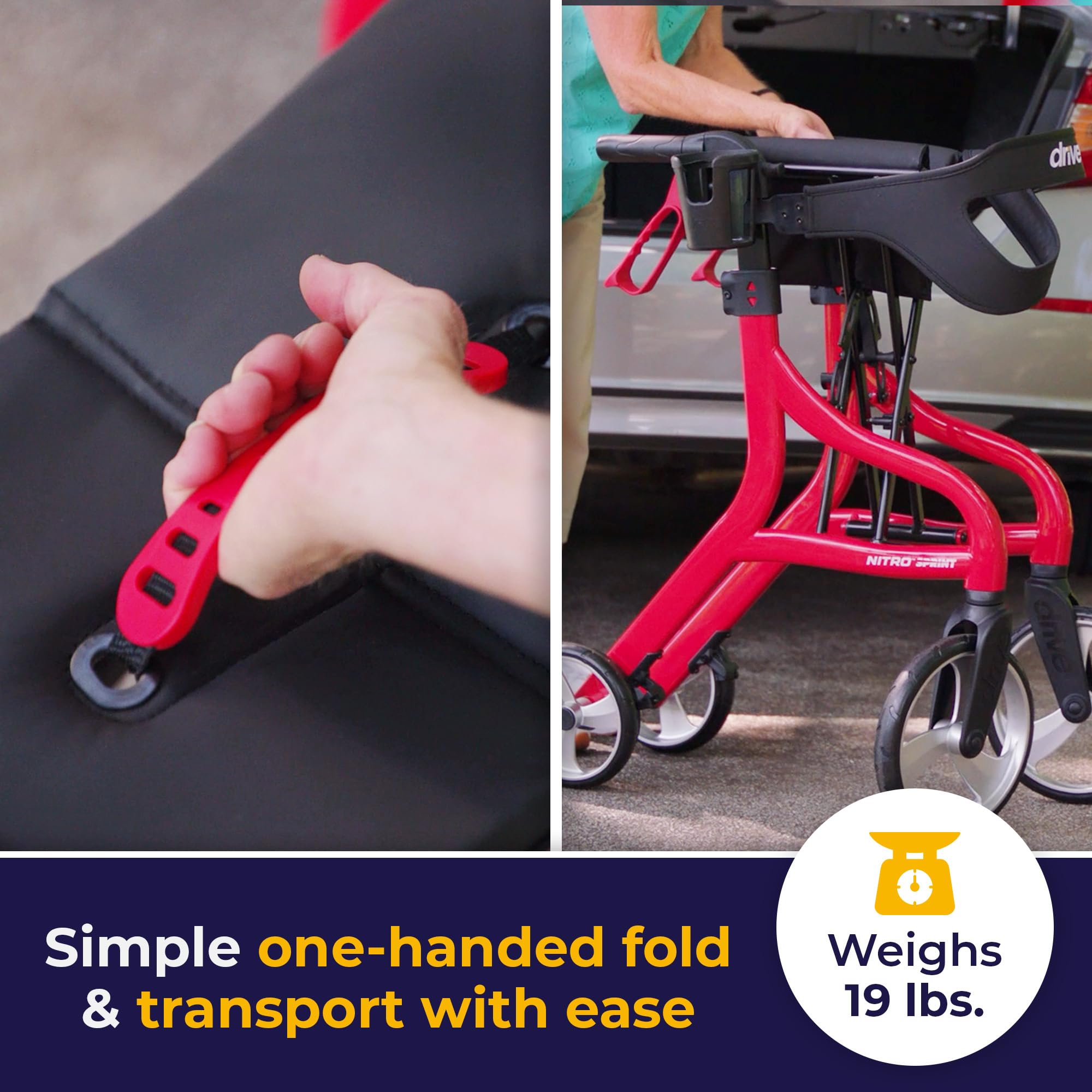 Drive Medical Nitro Sprint Foldable Rollator Walker with Seat - Lightweight Support - Large Wheels - Compact Folding Design - Adjustable Comfort - Standard Size - Red