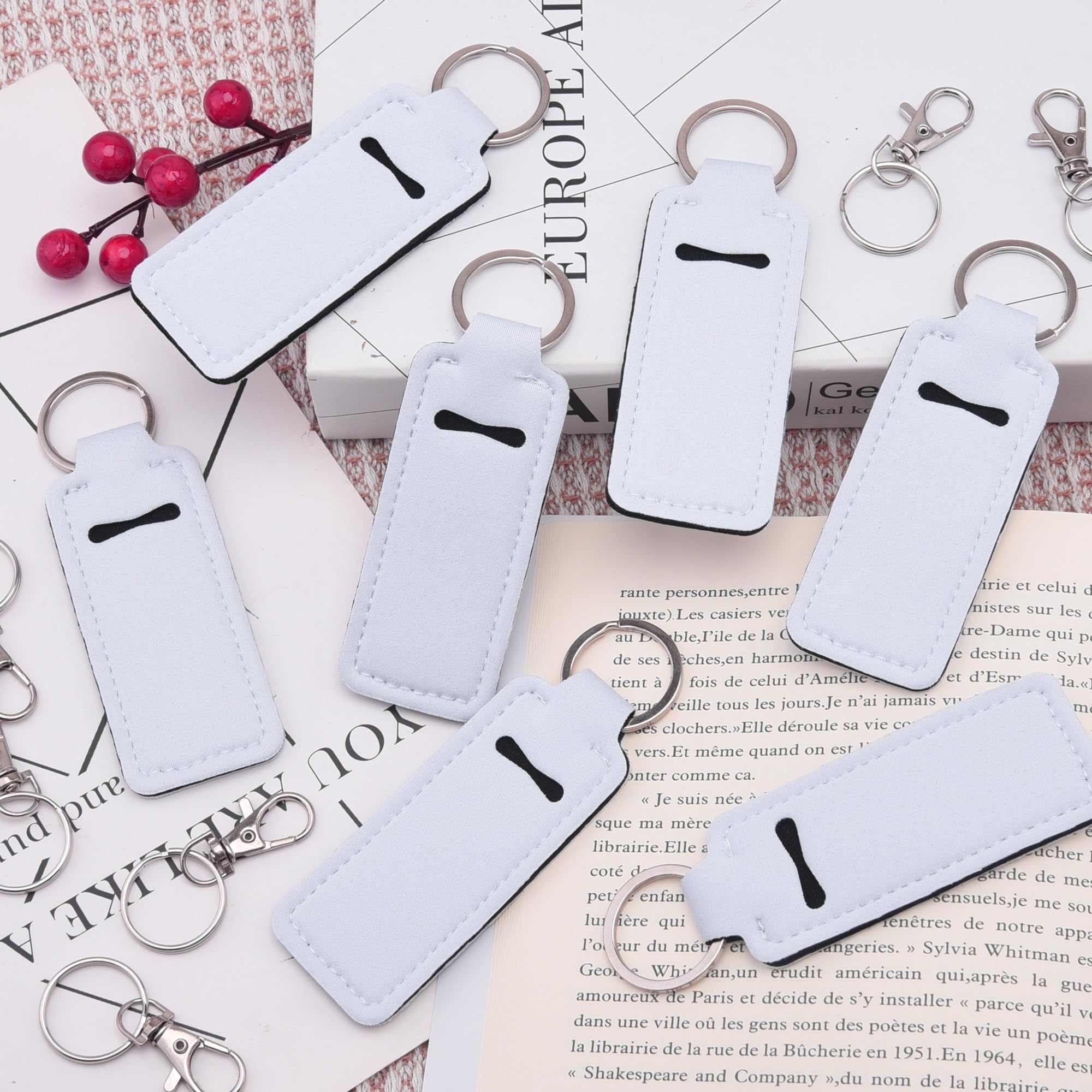 Duufin 20 Pieces Chapstick Holder Keychain Sublimation Chapstick Holder Blank Neoprene Lipstick Keychain Holder Metal Clip Cords Chapstick White Neoprene Chapstick Holder