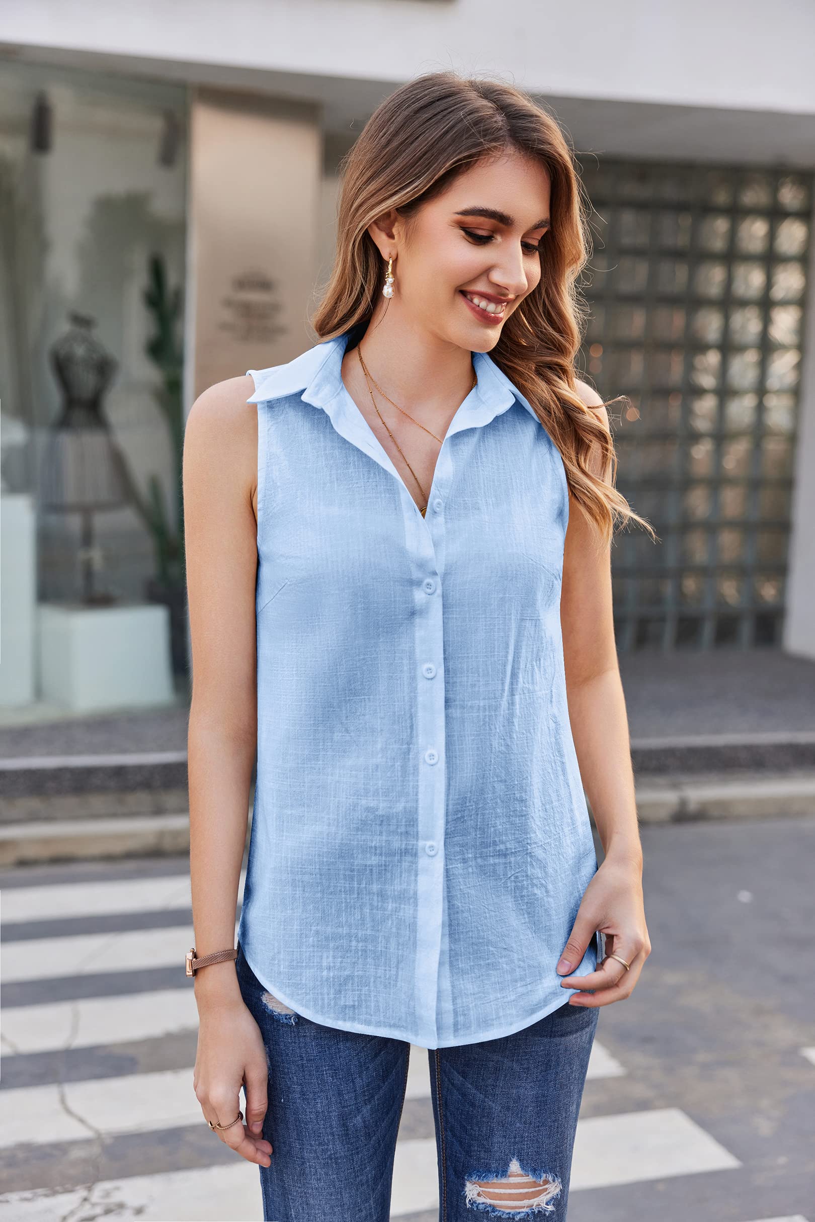 HOTOUCH Womens Sleeveless Button Down Shirt Collared Cotton Linen Blouse Casual Office Shirts Basic Tank Top A-Sky Blue