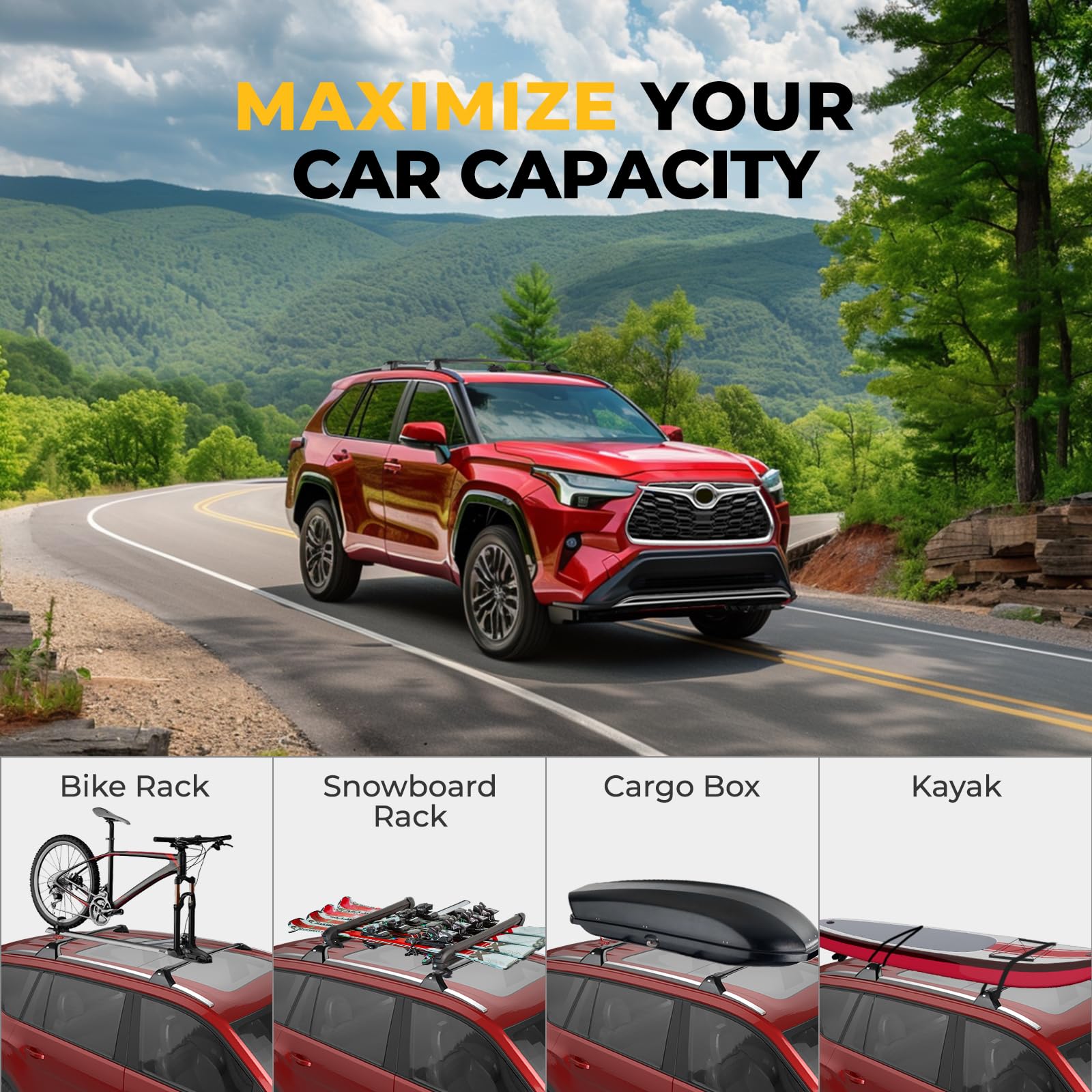 BougeRV Car Roof Rack Compatible with Toyota Highlander 2020-2024 XLE, XSE, Limited, Platinum, Bronze Edition, Hybrid Aluminum Cross Bars with Lock, Max Load 260lbs for Rooftop Cargo Luggage Carrier