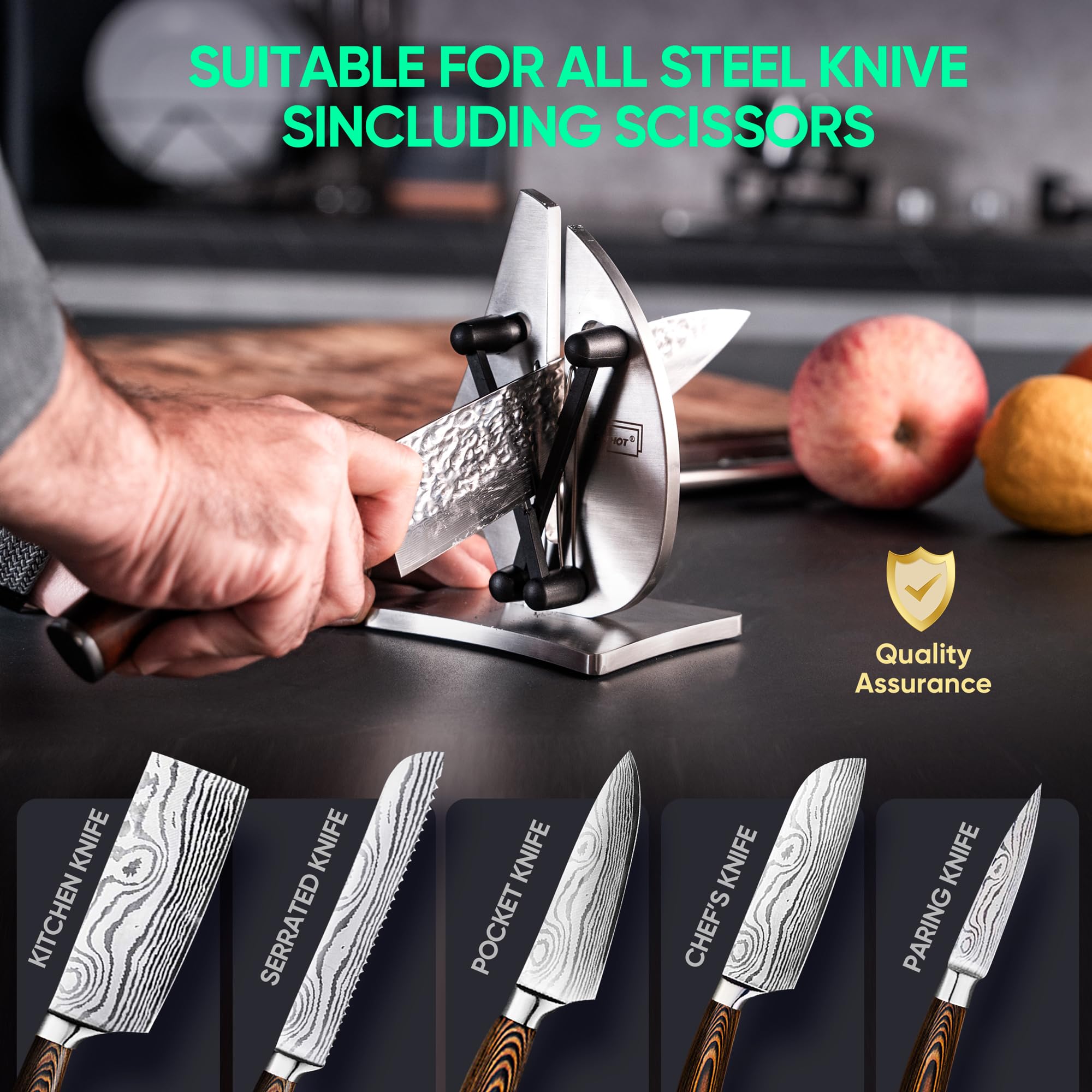 Grihot Professional Knife Sharpener | 3-Action Streamlined Sailboat Design for Effortless Knife Sharpening - The Ultimate Tool for Precision 11 to 21 Degree Angles (Upgrade Stainless Steel)