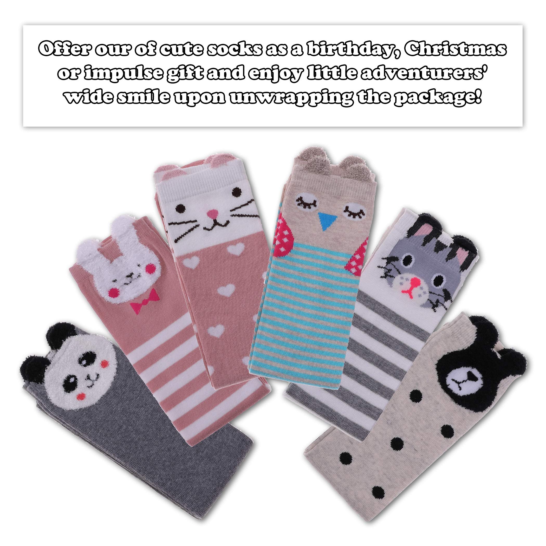 FNOVCO Girls Knee High Socks Kids Crazy Fun Gift Cute Animal Patterns Cotton Long Socks 6 Pairs (6 Pairs Animal)