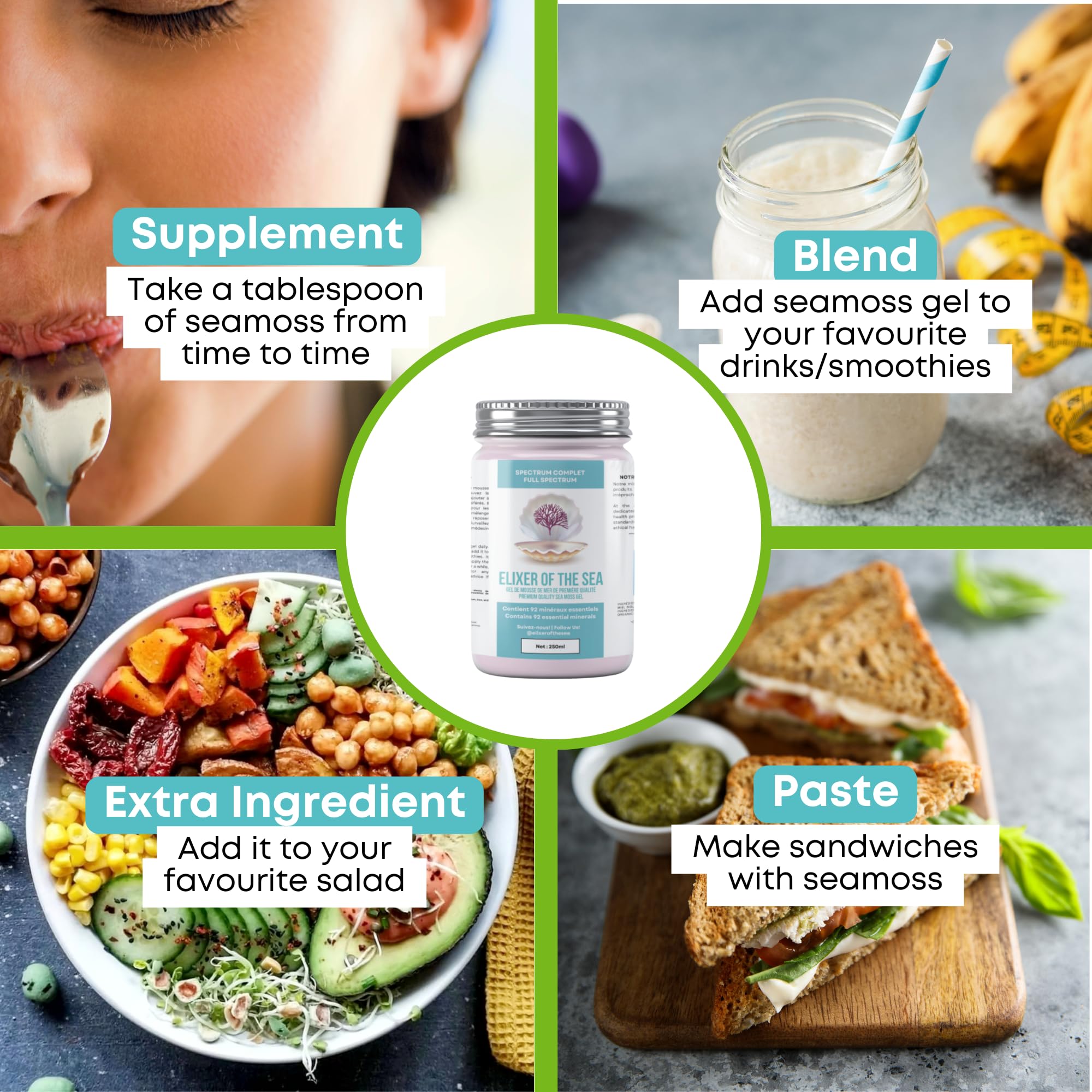 FullSpectrum Sea Moss Gel Made from Carribbean Seamoss Blend of Gold, Green and Purple Seamoss ] Wildcrafted Organic Premium Quality Superfood