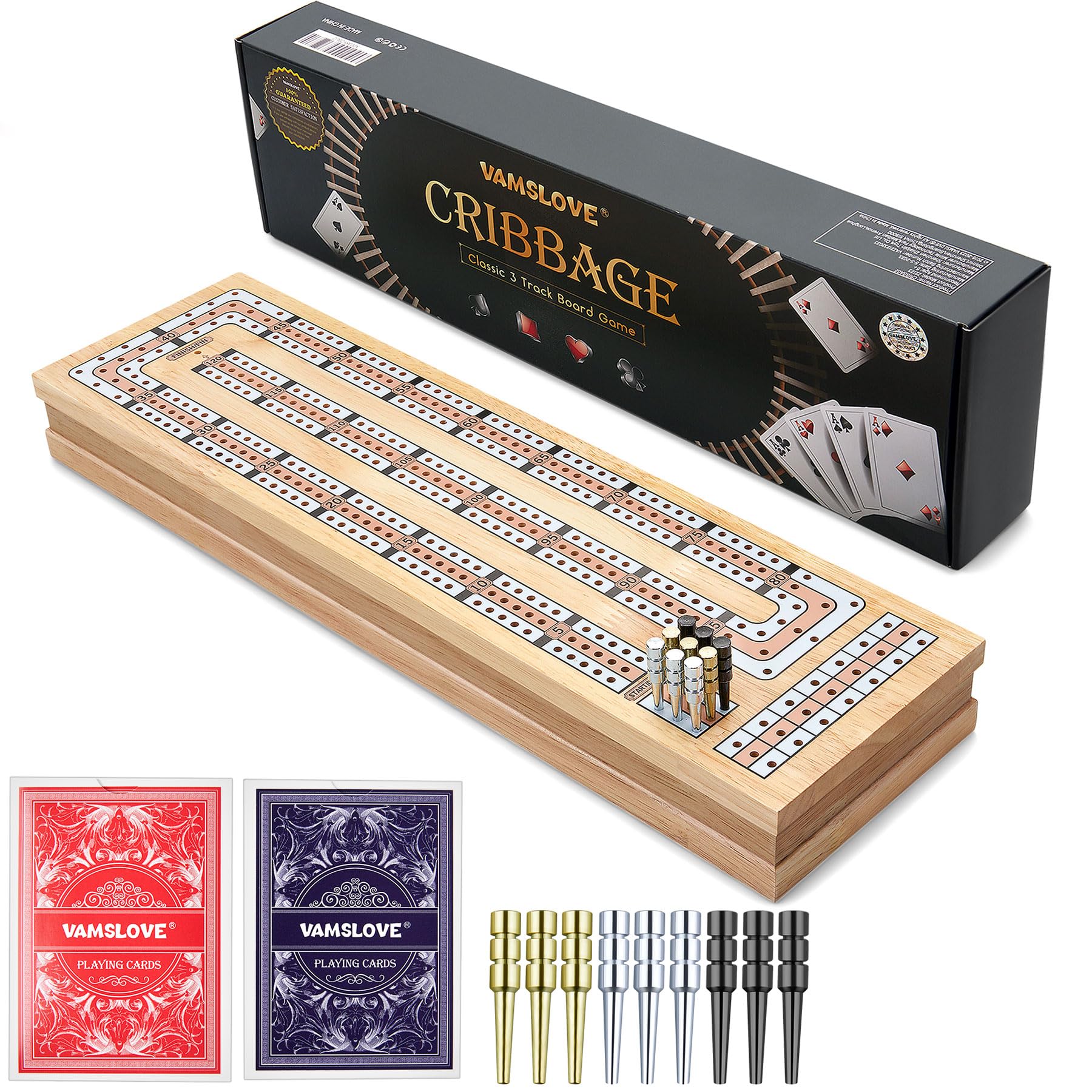 Vamslove Magnetic Cribbage Board 15'' Wooden Folding 3 Track Game Set,