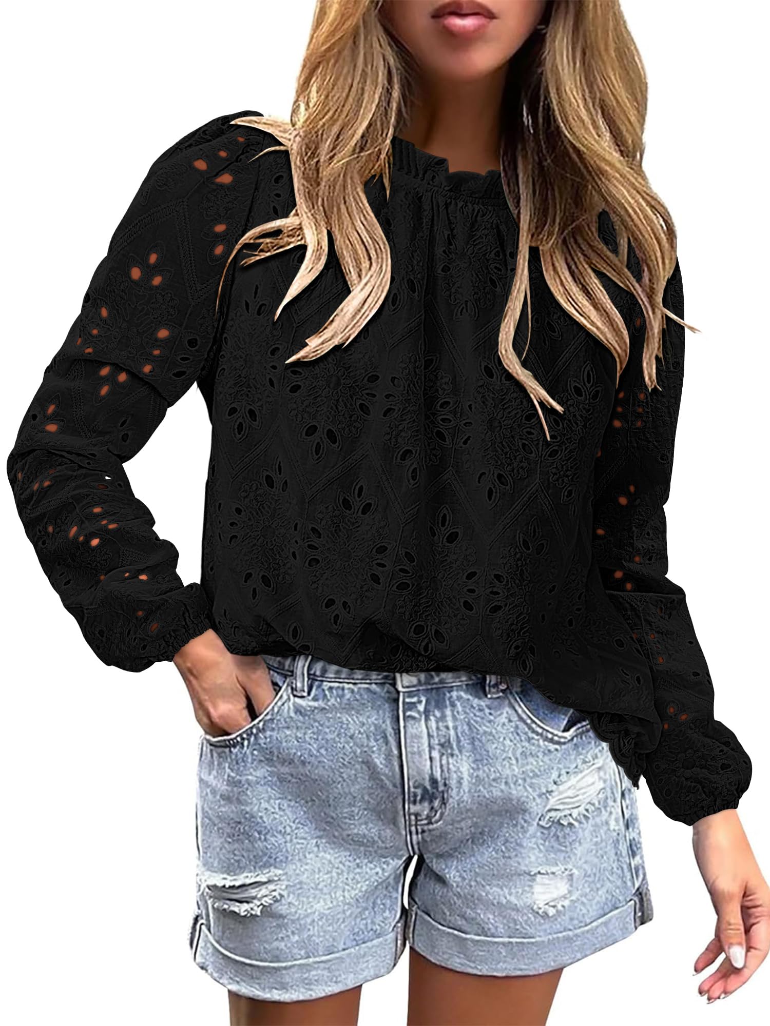 BETTE BOUTIK Woman Blouse Hollow Oversized Tunics Flowy Lady Tops Trendy Shirt for Women Long Sleeve Shirts Black X-Large