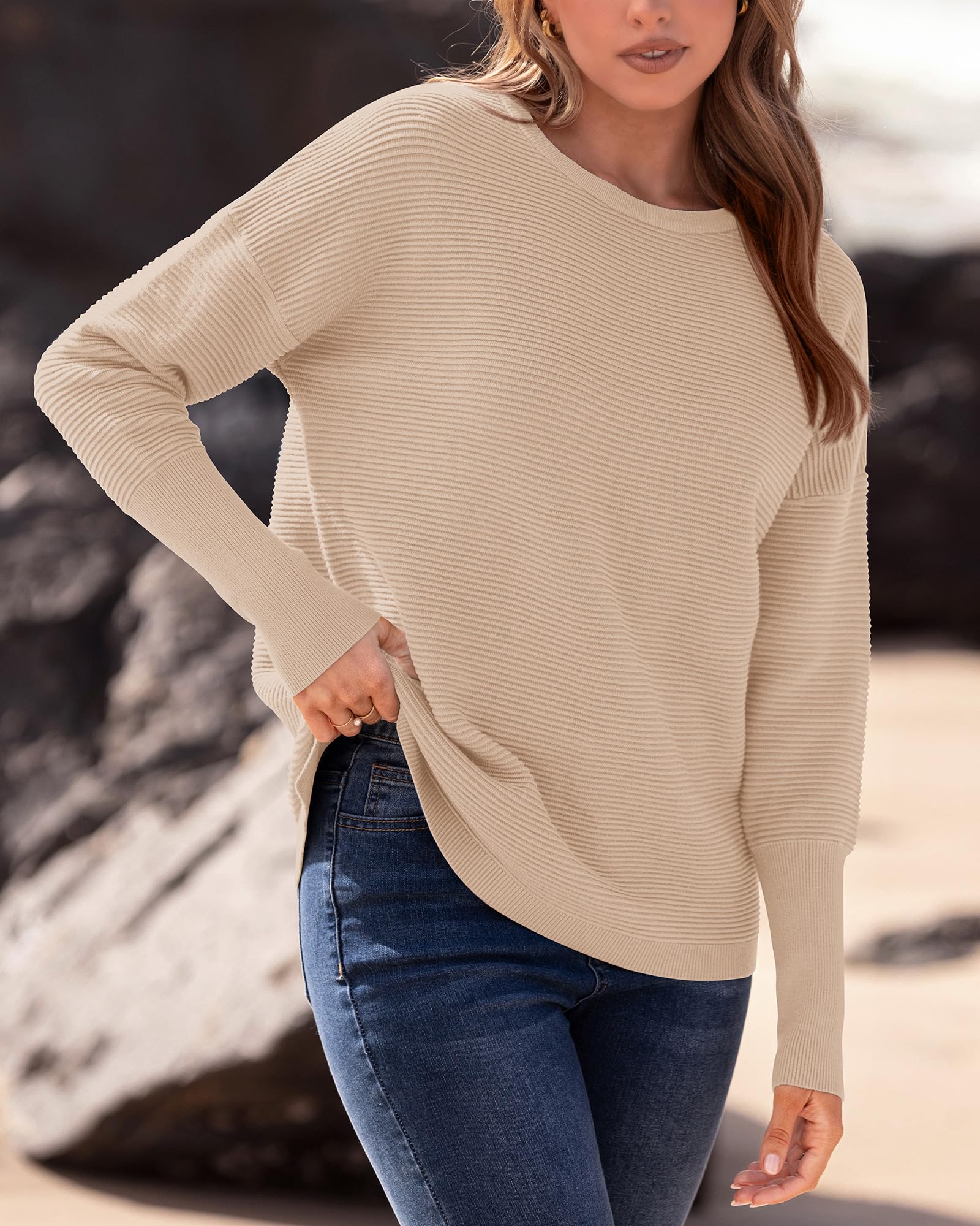 BTFBM Casual Women 2023 Fall Sweater Long Sleeve Ribbed Knit Pullover Loose Crewneck Batwing Split Sweater(Solid Apricot,Large)