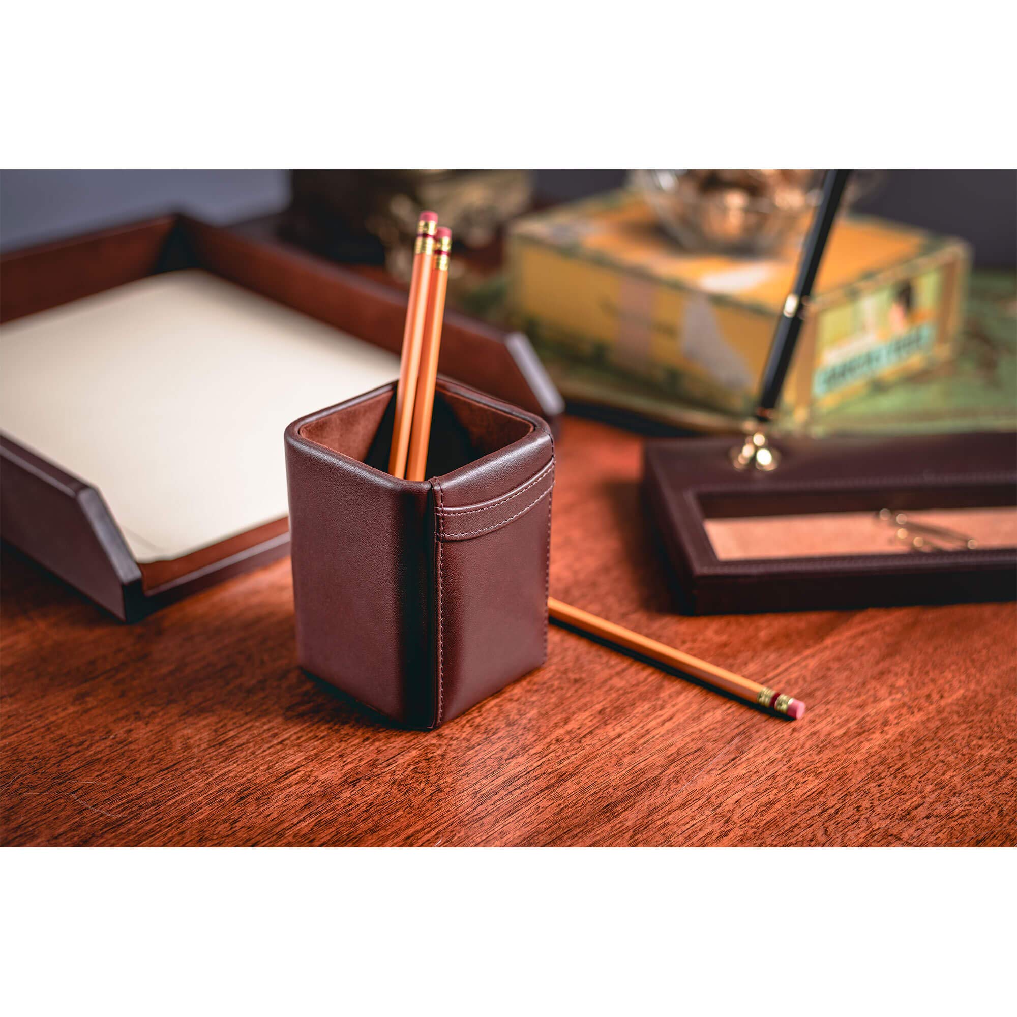 Dacasso Leather Luxury Cup Storage for Pens, Pencils, & Office Accessories, 3.25L X 3.25" W X 4.25" H, Chocolate Brown