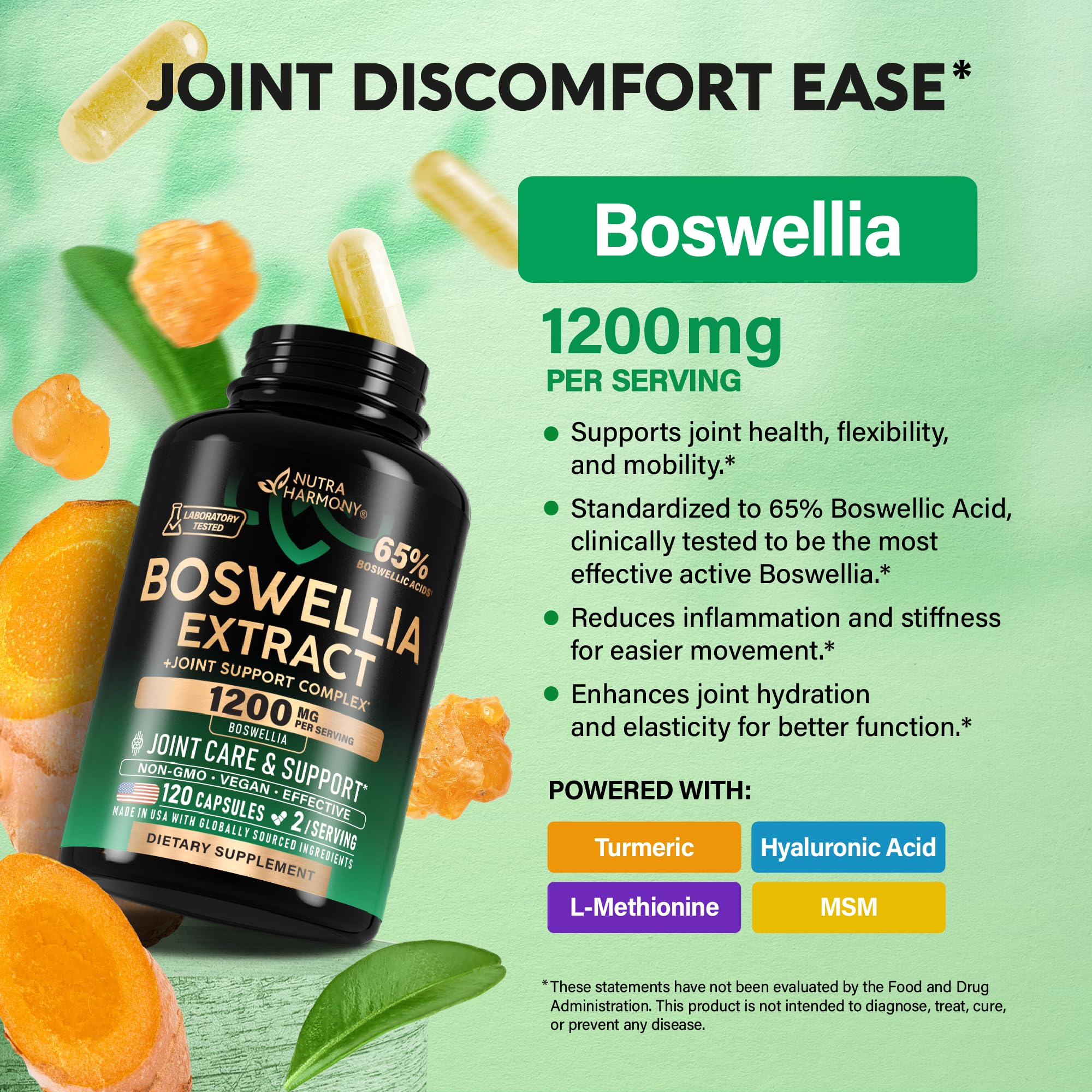 Boswellia 1200mg - Boswellia Extract | Turmeric | Hyaluronic Acid | MSM | Same - Joint Health & Comfort - Boswellia Serrata | 65% Boswellic Acid - for Men & Women - Made in USA - 120 Capsules