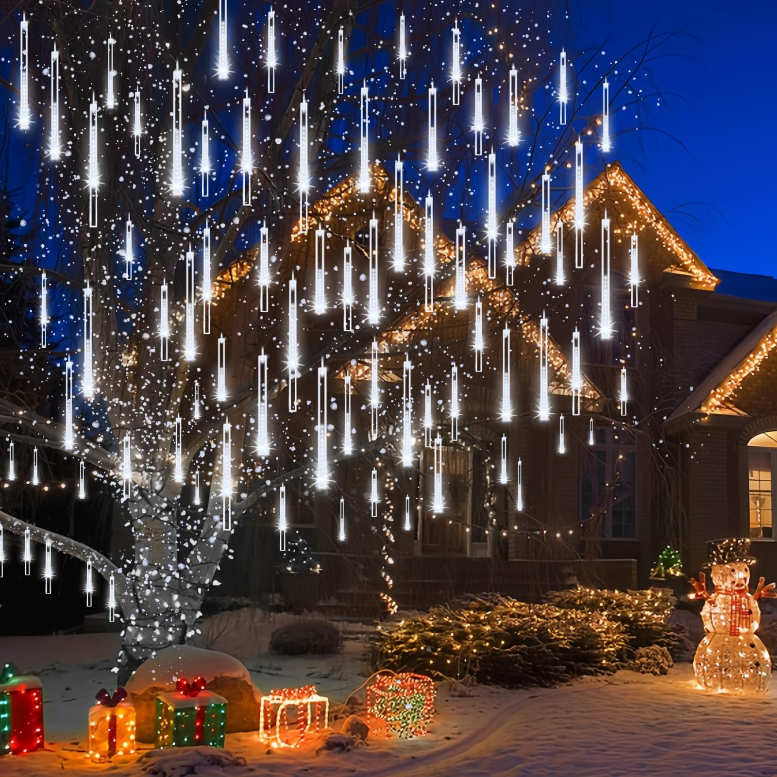 Kordain Christmas Lights Outdoor, Meteor Shower Lights Falling Star Lights 12 inch 8 Tubes 144 LED Icicle Snow Falling Raindrop Lights for Xmas Tree Halloween Holiday Party Decoration, UL Plug, White