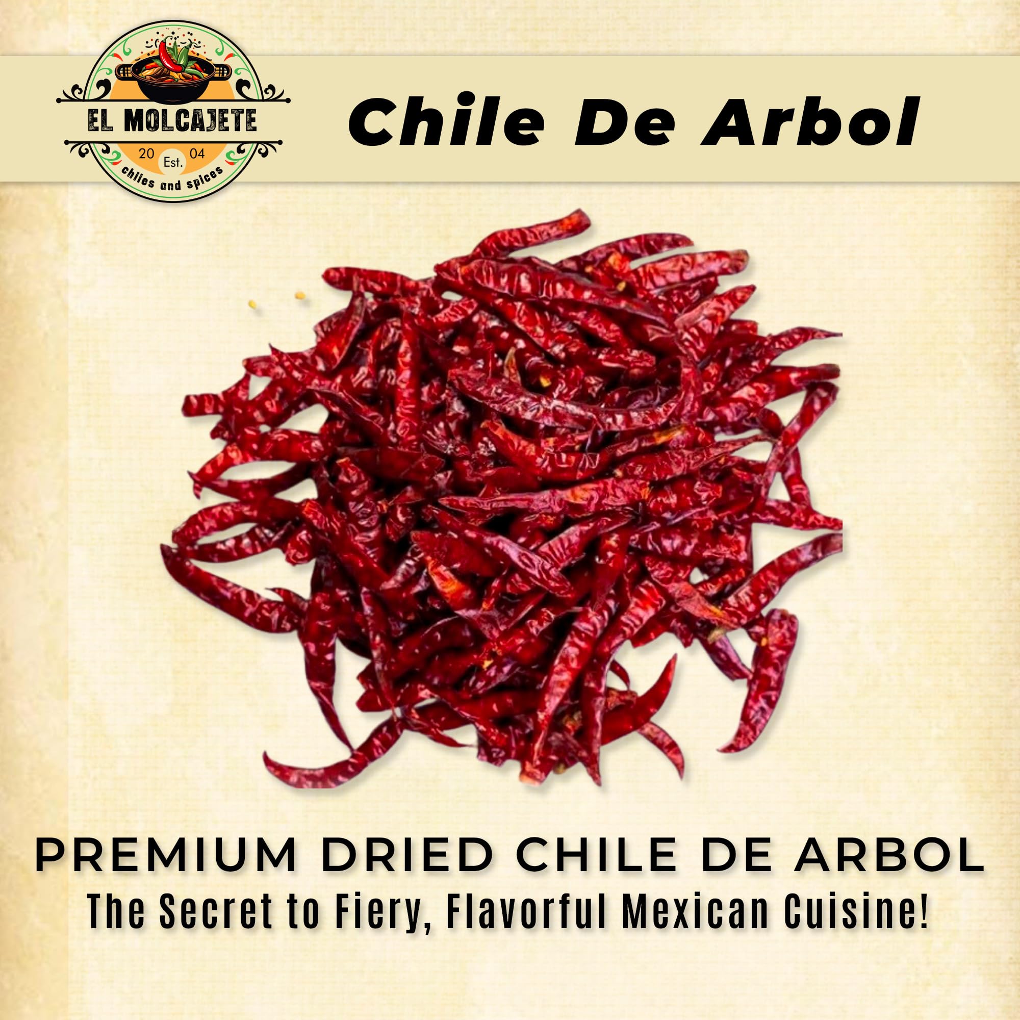 Chile de Arbol 8oz - Dried Whole Red Chili Peppers - Premium All-Natural, Stemless. For Mexican, Chinese, and Thai Cuisine with Bold, Spicy Heat. By El Molcajete