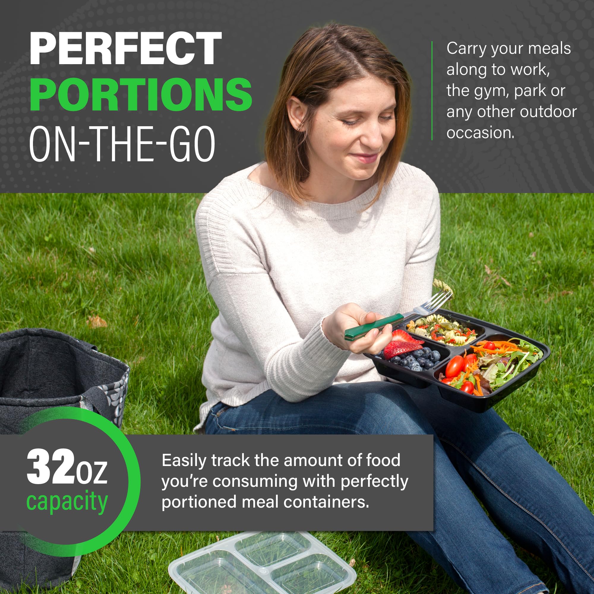 Ez Prepa [20 Pack] 32oz 3 Compartment Meal Prep Containers with Lids - Bento Box - Plastic - Stackable, Reusable, Microwaveable & Dishwasher Safe