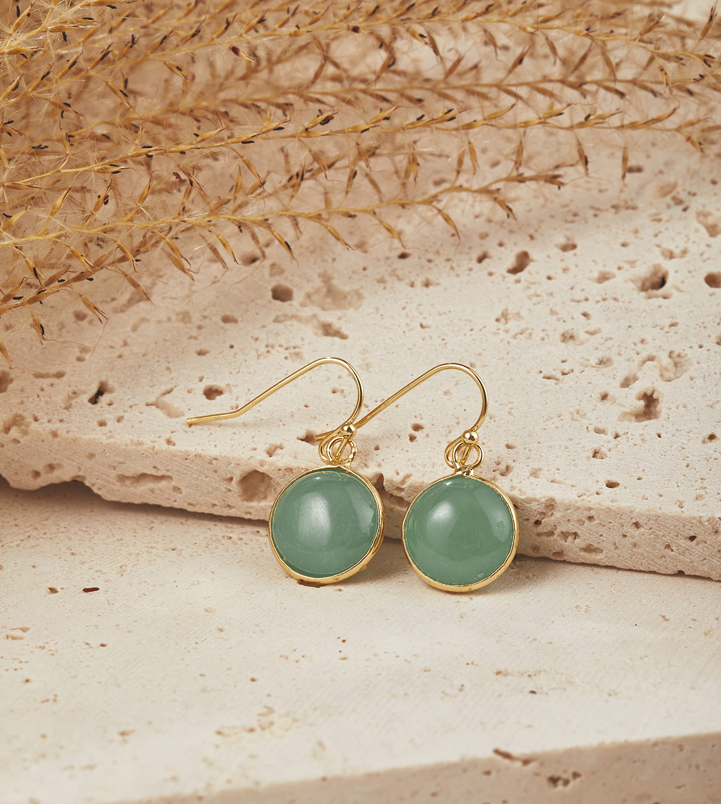 Jade Earrings for Women Handmade Earrings Green Earrings Jade Jewelry for Women 14k Gold and Jade Earrings Graduation Gift Back to School Gift Gift for Anniversary Birthstone Gift(Yellow Gold+Green)