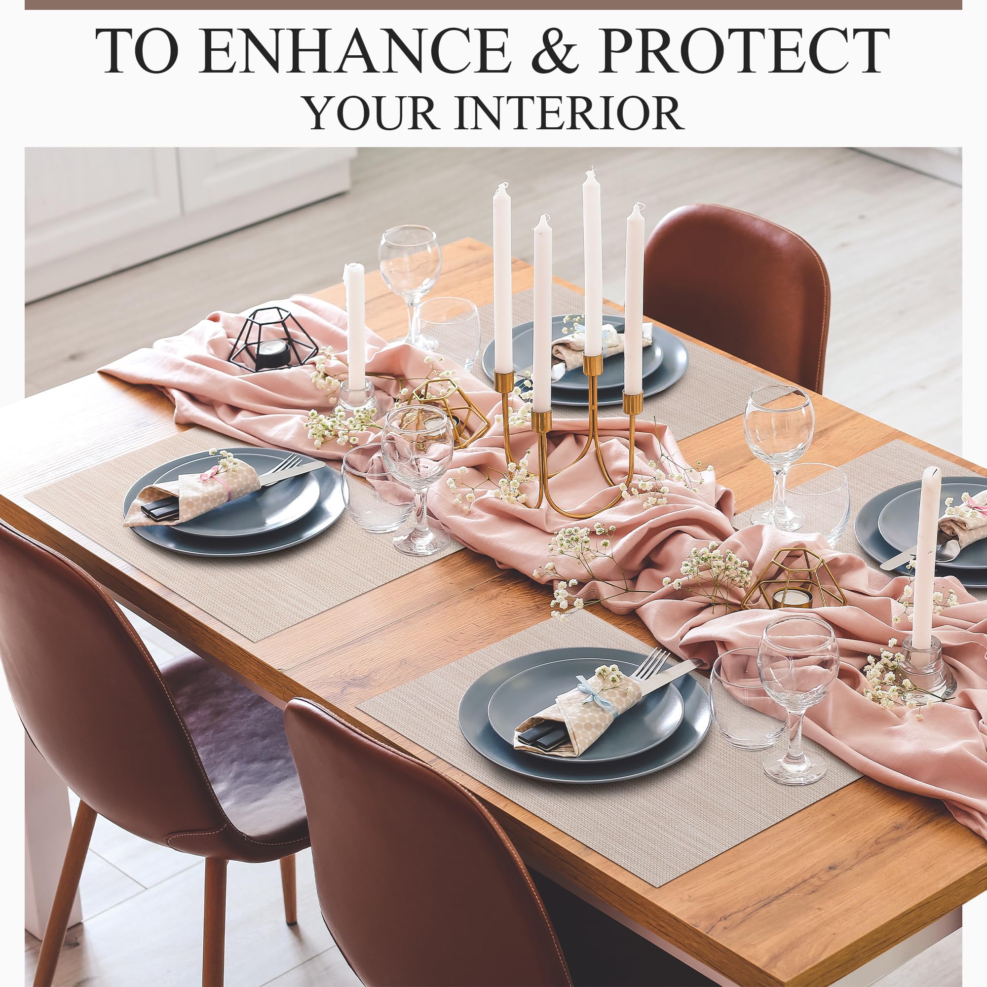 CraftyCrocodile Vinyl Placemats Set of 4 - Heat Resistant, Wipeable, Classic - Indoor & Outdoor Wipeable Place Mats for Dining Table – Durable Table Mats, 12 x 18 Inch, Beige