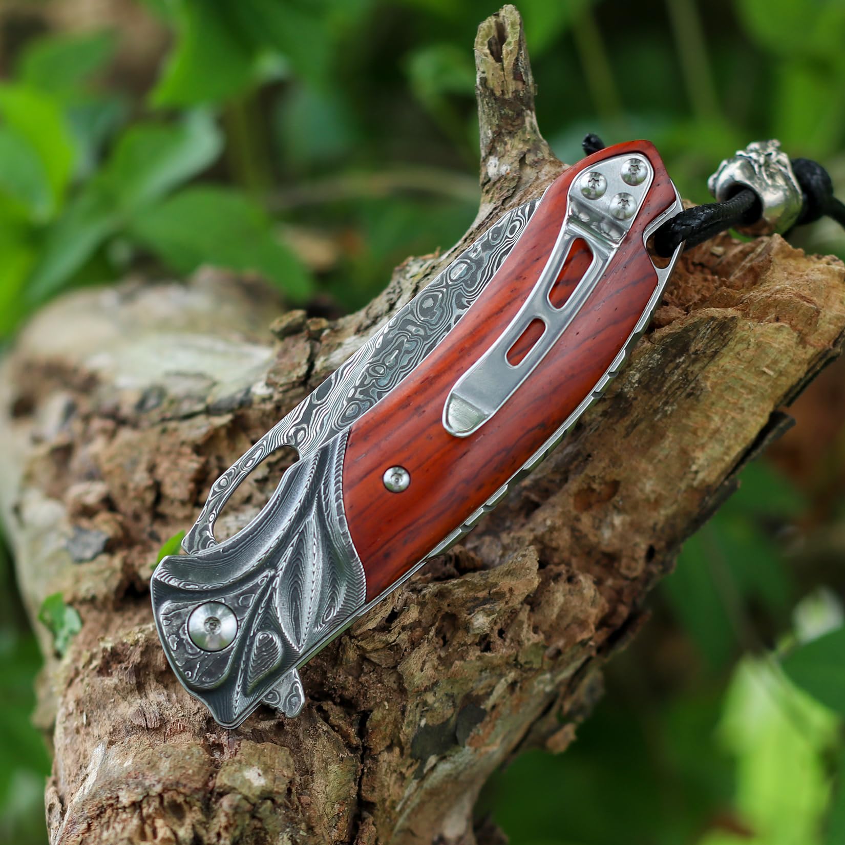 VNLA Exquisite Praxis Handmade Japan Damascus steel folding Pocket Knife, VG10 Blade Folding knife,With Handmade Leather sheath,Pocket clip.RoseWood Handle.