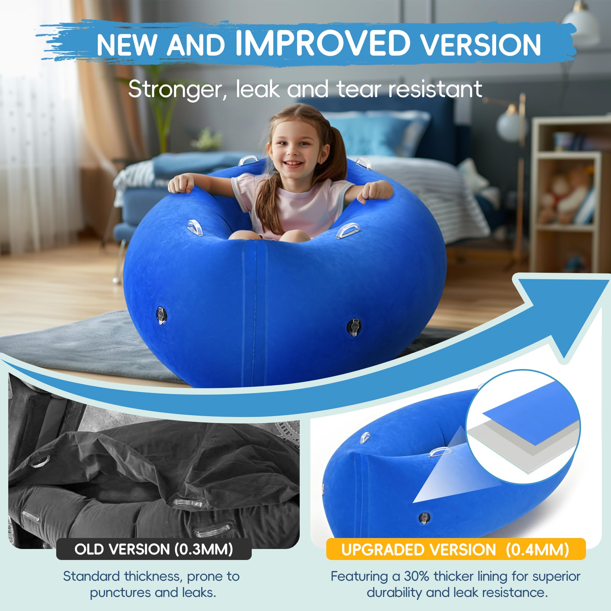 OUTREE Upgraded Sensory Chair for Kids — 60" Sensory Pod Inflatable Peapod for Children, Includes Electric Air Pump,Sensory Toys Giftfor Kids with Autism,Blue