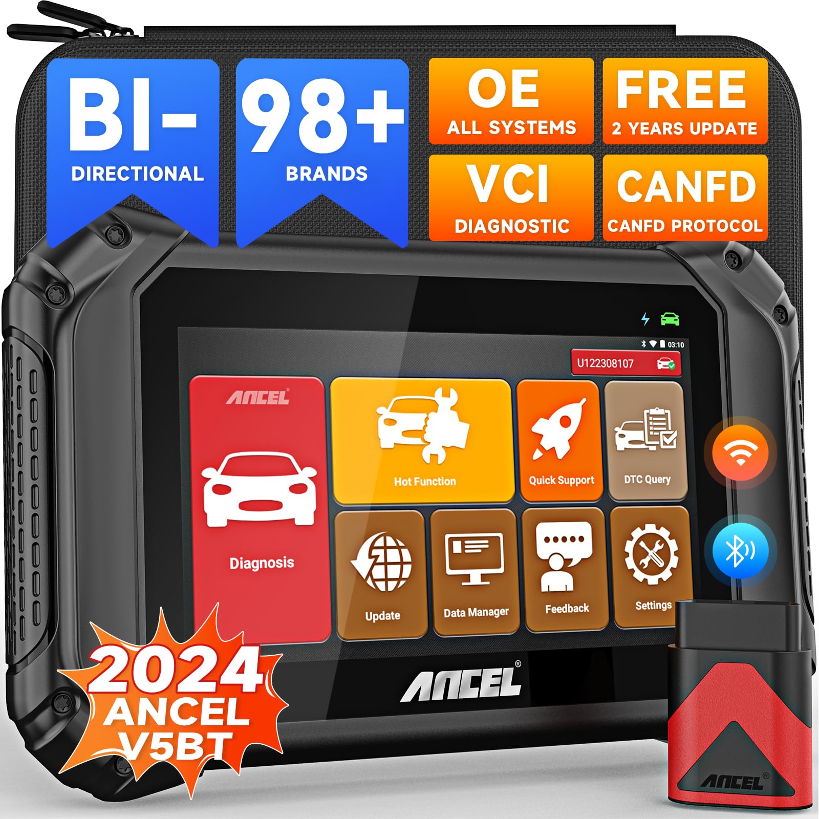 ANCEL V5BT Bidirectional Scan Tool, 2024 Full Systems OBD2 Scanner Diagnostic Tool, Wireless Car Scanner Diagnostic Tool with Active Test,Over 15+ Hot Resets,CAN-FD,7" Touchscreen Scanner for All Cars