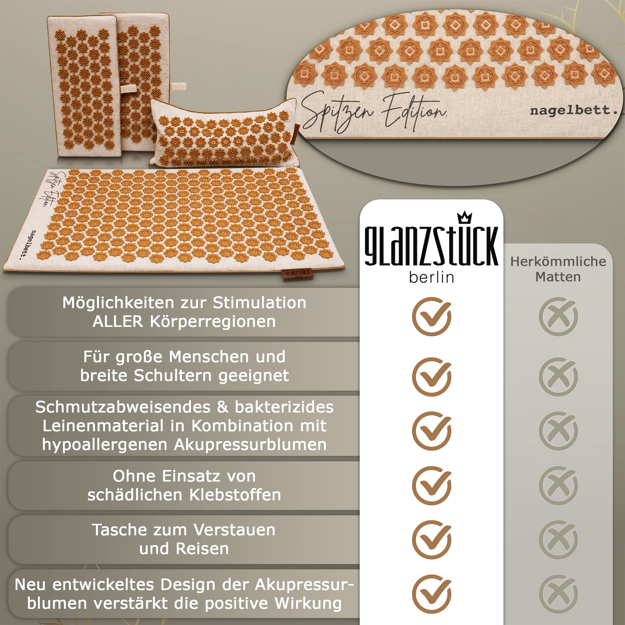 Glanzstück Berlin® Health Collection XXL Acupressure Mat Set for Full Body for Tension Headaches Back Pain Stress