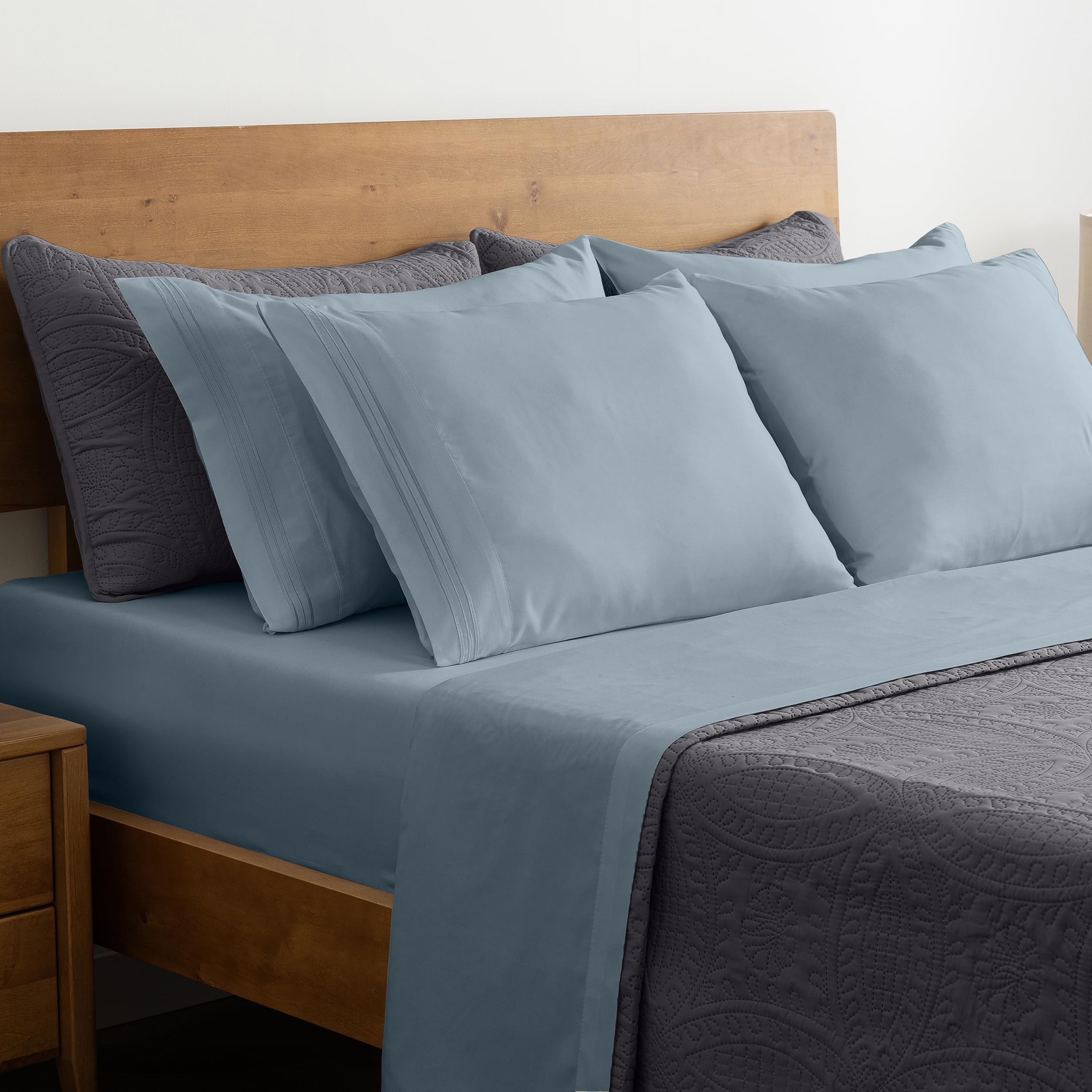 Mellanni Bedspread Coverlet Set + 6PC Sheets Set Bundle&Save - Iconic Collection Bedding - Bundle Includes: 3 Piece Oversized Quilt Set and 6 Piece Bed Sheet Set (King, Gray/Spa Blue)